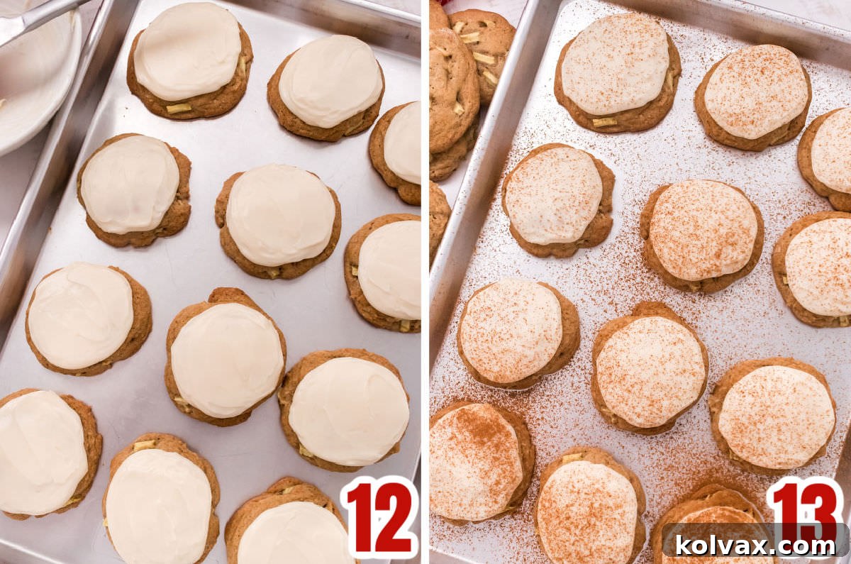 Collage image illustrating the process of frosting Apple Cookies with Cream Cheese Frosting and adding a cinnamon dust finish.