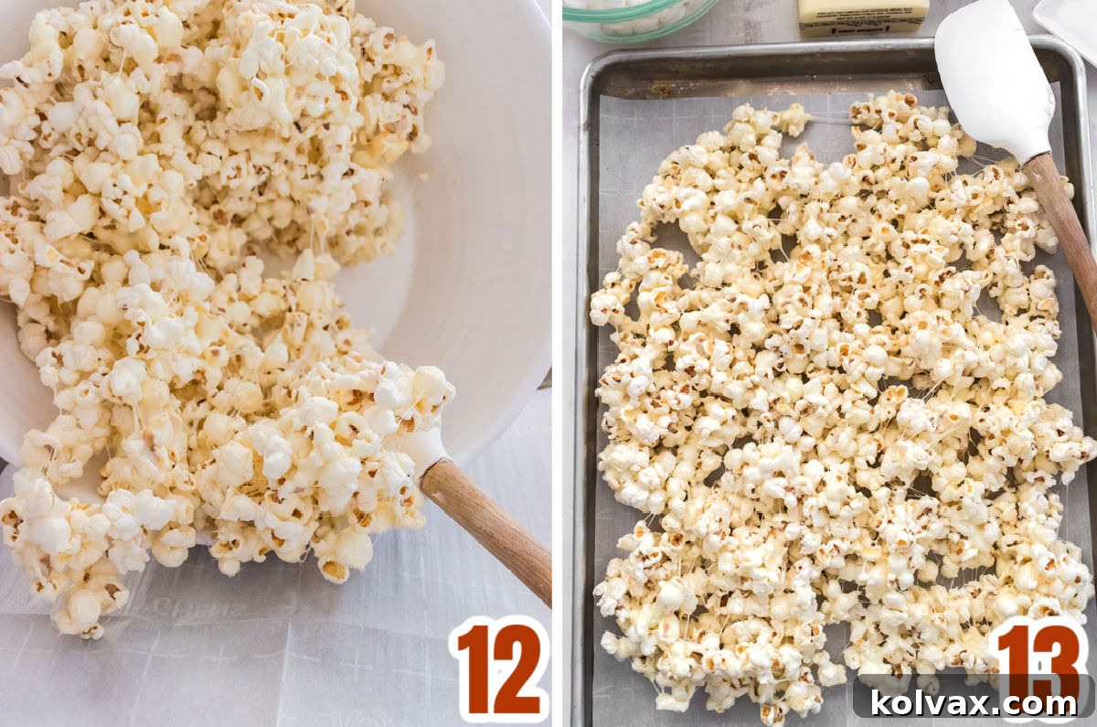 Collage image showing how to pour the Marshmallow Popcorn out onto a cookie sheet to cool.