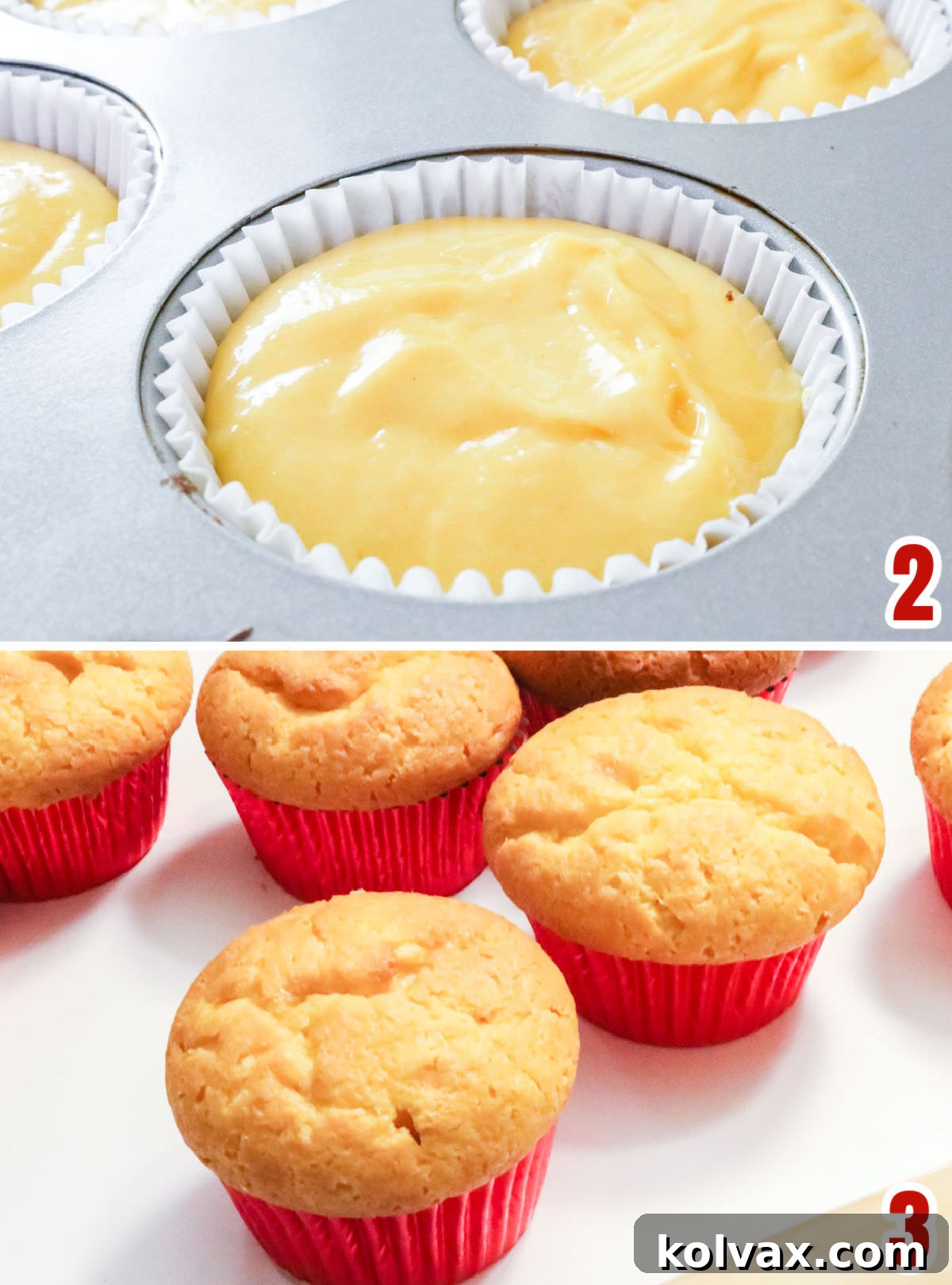Collage image showing various stages of baking the Eggnog Cupcakes, from batter in liners to baked cupcakes.