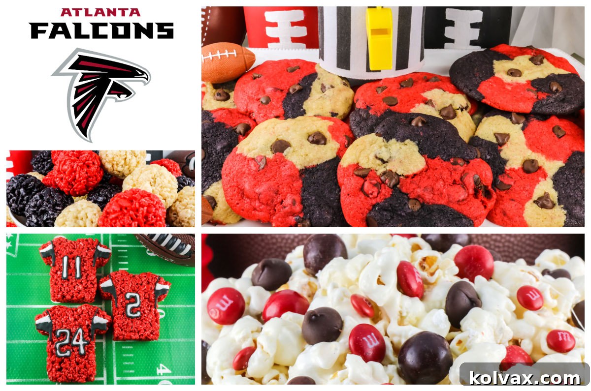 A vibrant collage showcasing an array of the best Atlanta Falcons Game Day party desserts, featuring various treats in team colors.
