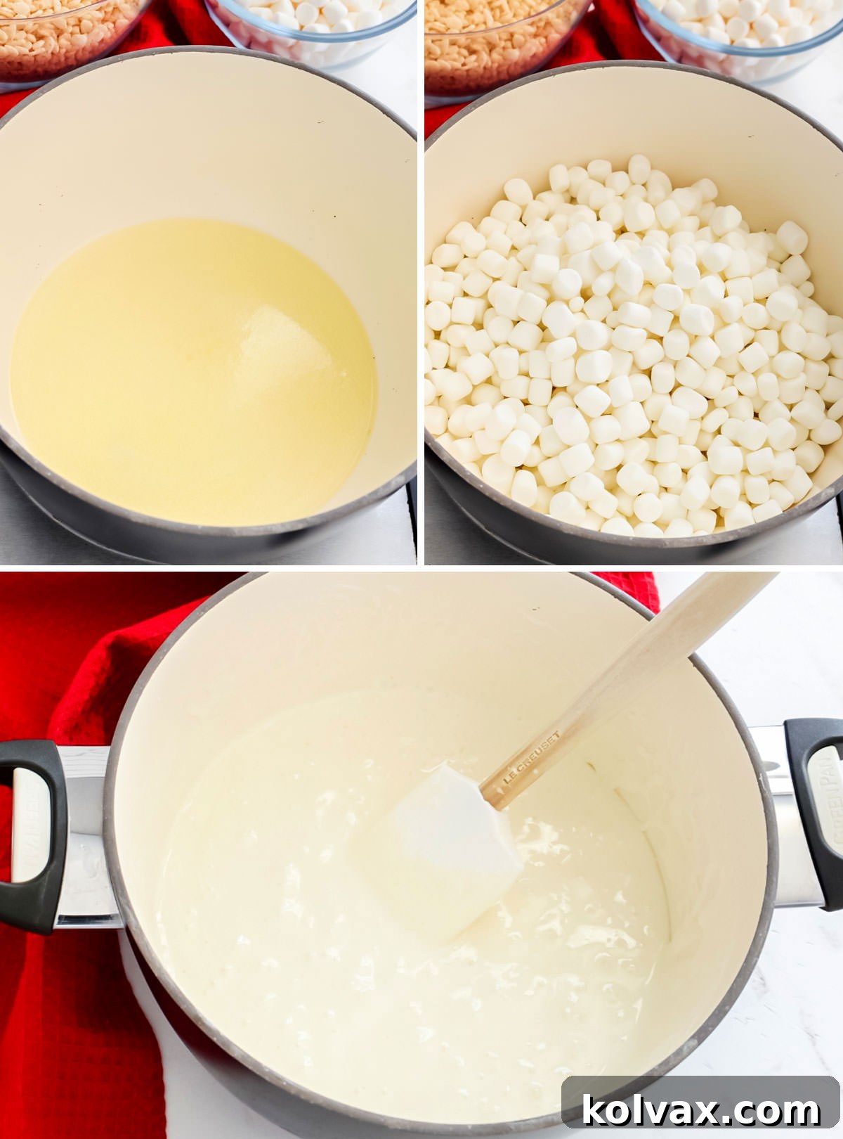 A visual collage illustrating the essential steps for preparing the marshmallow mixture, the foundational component for creating the vibrant New England Patriots Rice Krispie Bites.
