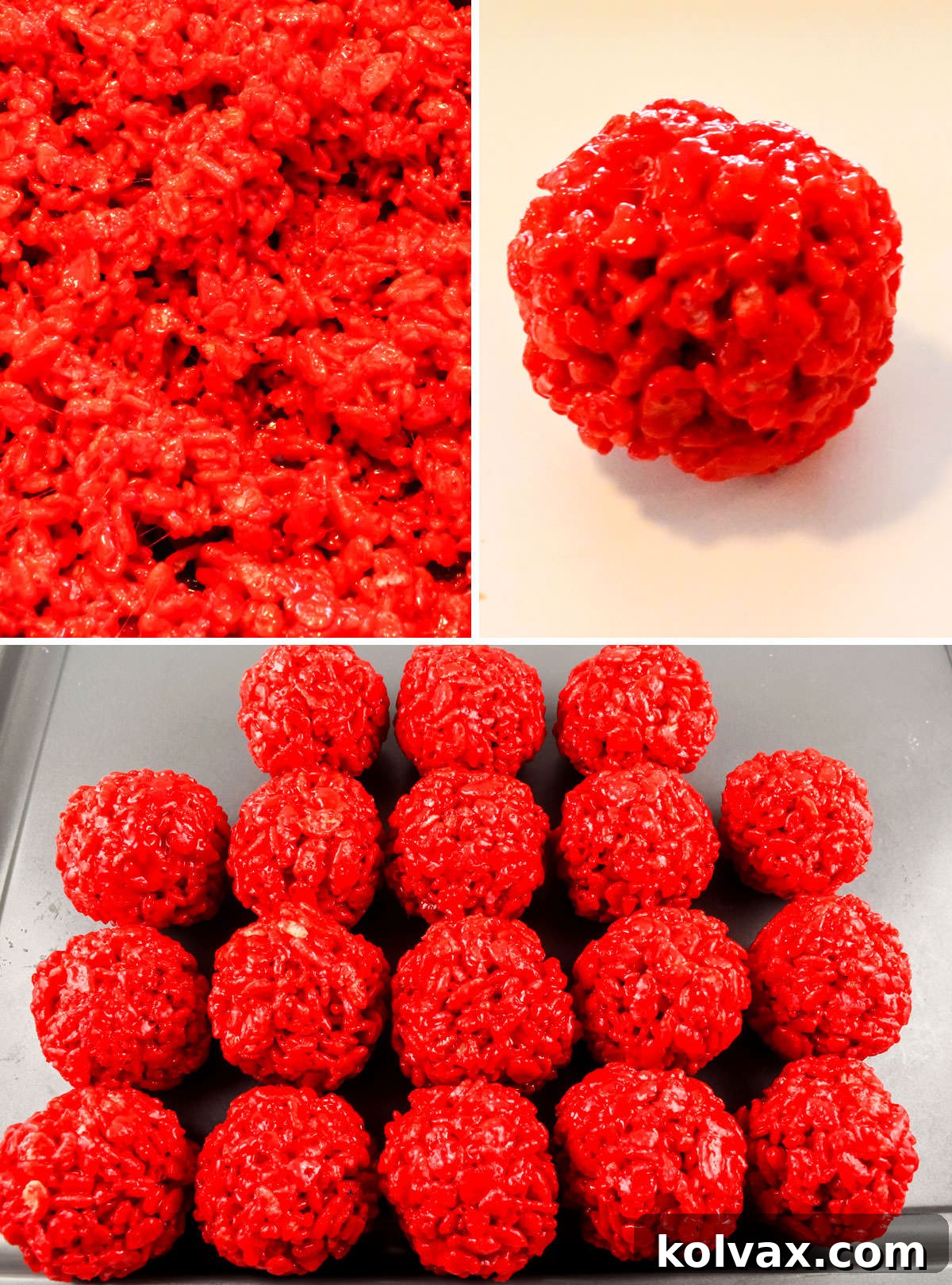 A visual tutorial showing the detailed steps involved in preparing the bright red Rice Krispie Bites, adding a striking contrast to the New England Patriots themed dessert platter.