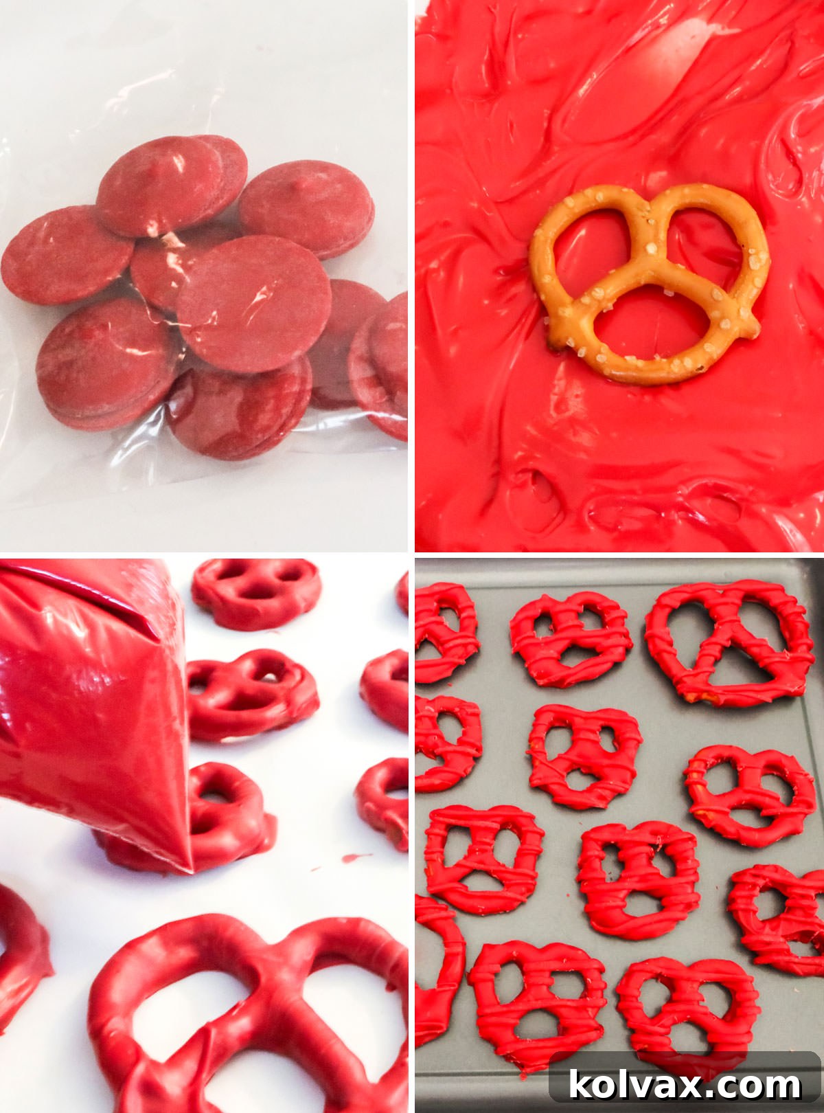 Collage image showing the precise steps for covering pretzels with vibrant Red Candy Melts, maintaining uniformity with other colors.
