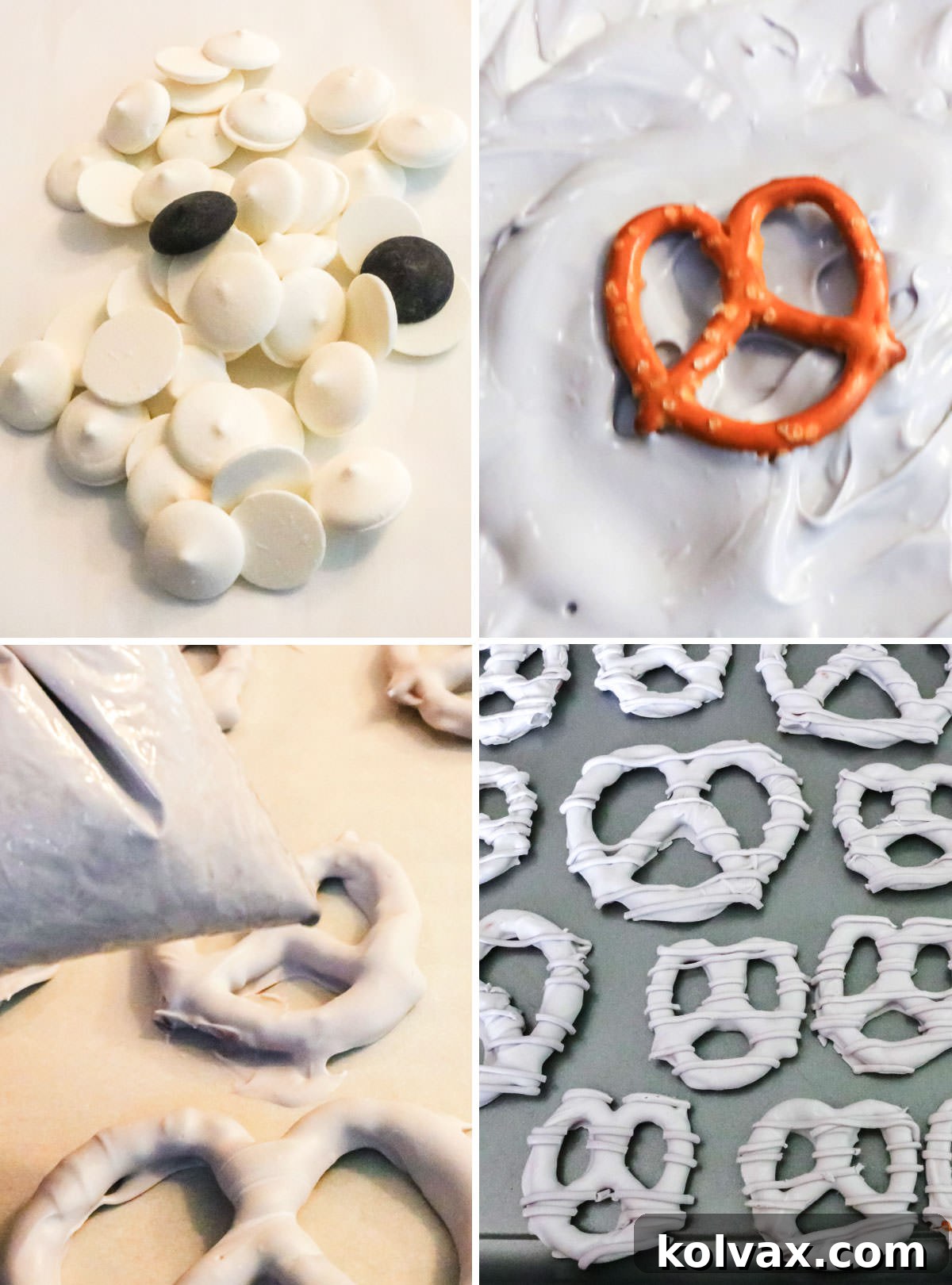 Collage image showing the steps for covering pretzels with custom Grey tinted candy melts, highlighting the mixing process.