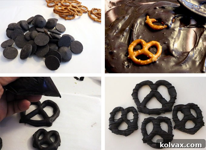 Process of melting black candy melts for dipping pretzels, similar to the yellow candy process