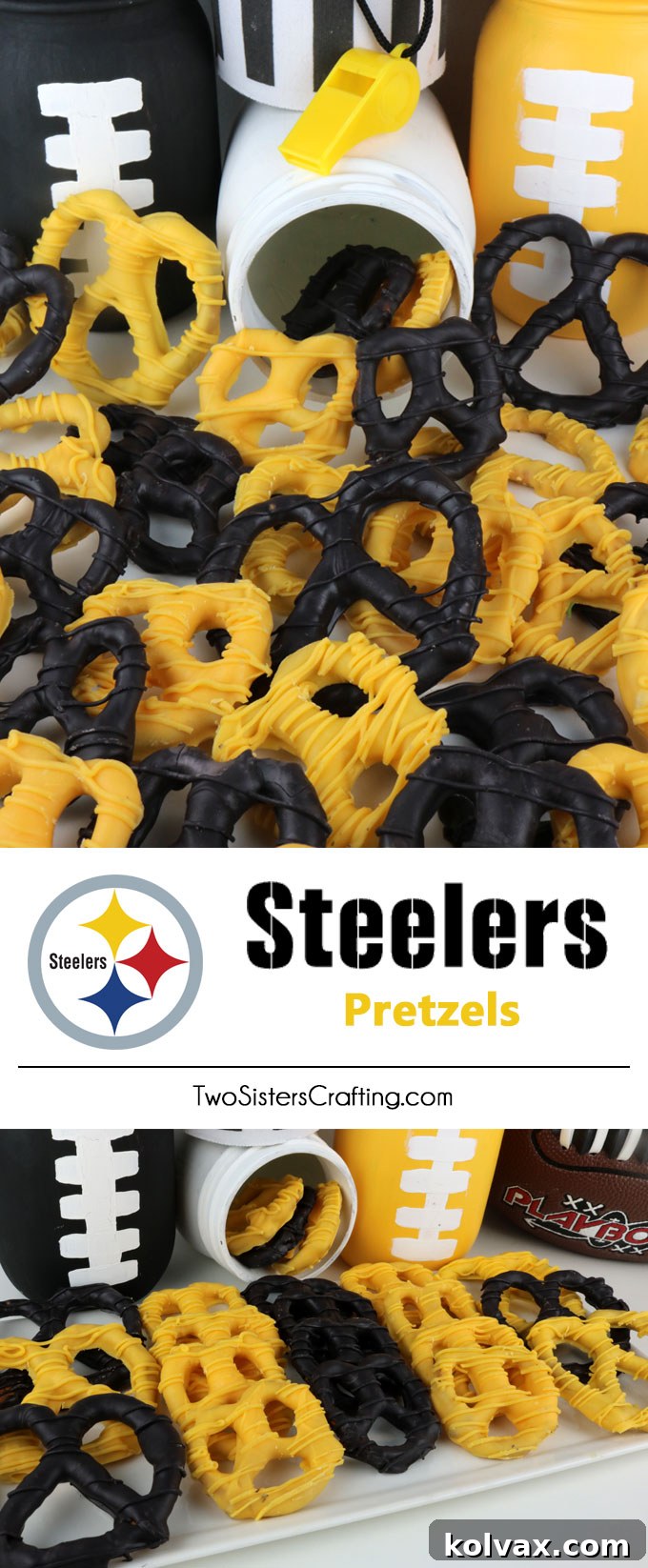 Large vertical image showcasing a full platter of Pittsburgh Steelers pretzels against a vibrant black and yellow background