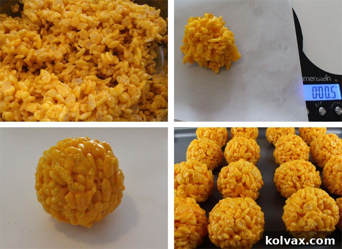 Detailed process of making gold Rice Krispie Bites, showing the coloring and mixing steps.