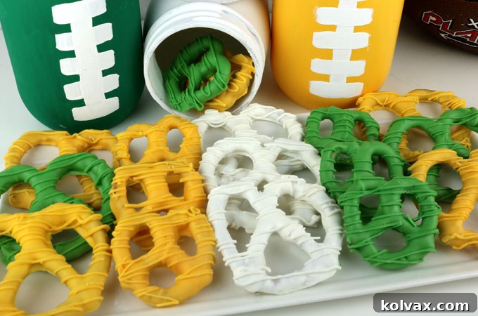 Delicious Green Bay Packers themed pretzels, a perfect sweet and salty snack for football game day parties or Super Bowl gatherings, featuring team colors.