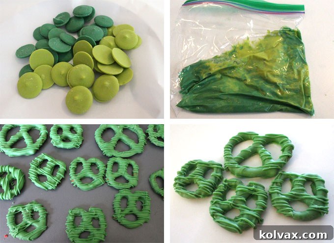 A step-by-step guide showing how to make green candy-coated pretzels for a Green Bay Packers themed snack.