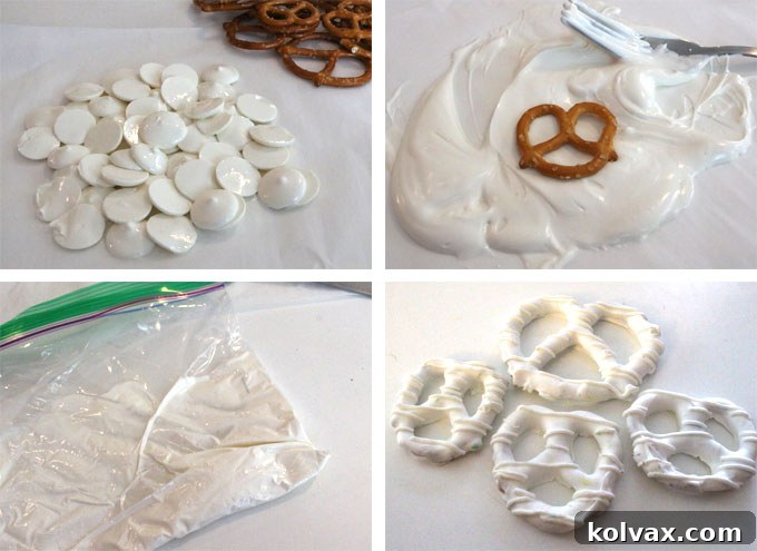 Detailed instructions on how to create crisp white candy-coated pretzels, adorned with delicate drizzle, for a Green Bay Packers snack.