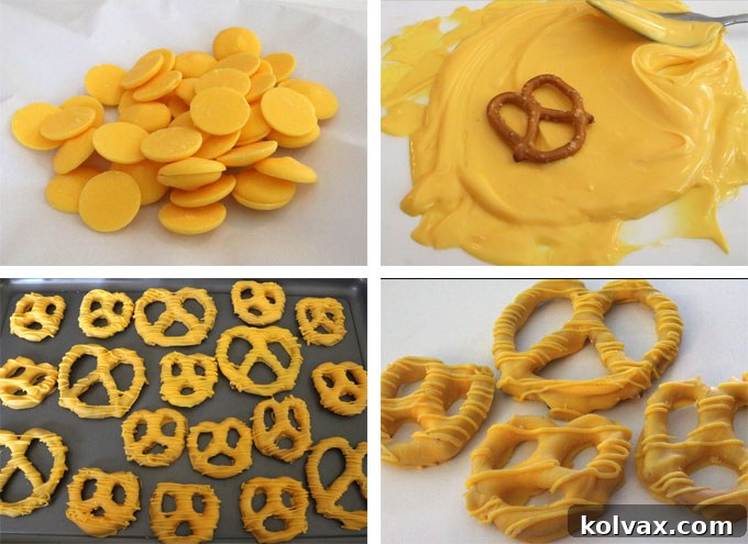 A comprehensive guide to making golden candy-coated pretzels, complete with drizzled decorations, perfect for Green Bay Packers fans.