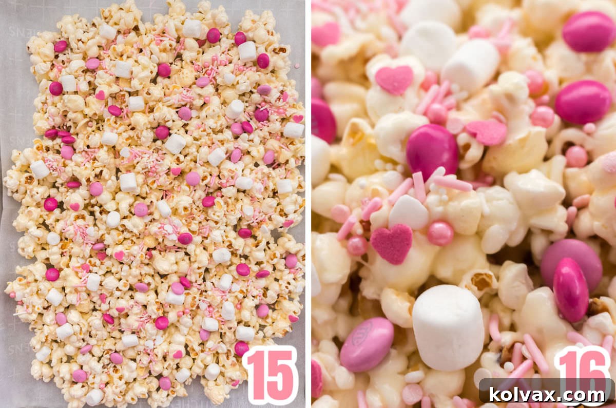 Collage image showing how to add the candy mixins to the sweet and salty Princess Party popcorn.
