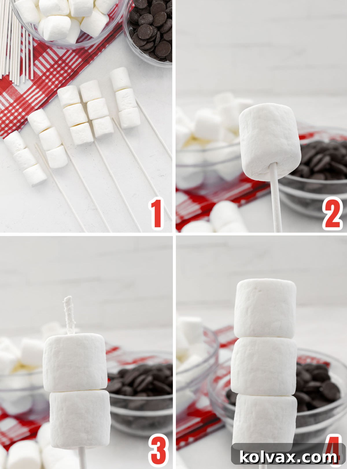 Collage image showing the steps required to create a marshmallow pop using marshmallows and a lollipop stick.