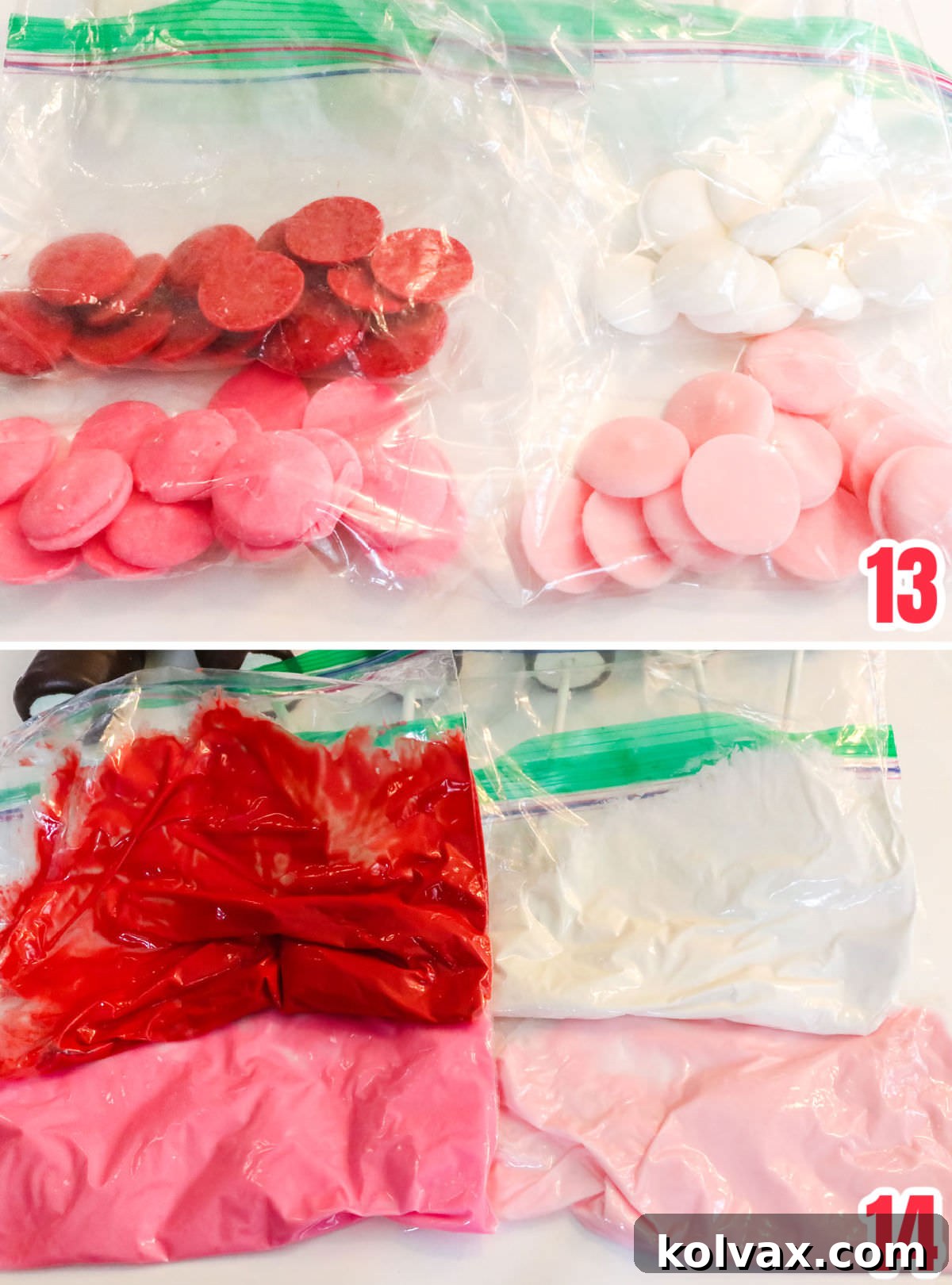 Collage image showing how to melt candy melts in plastic baggies to use for decorating marshmallow pops.