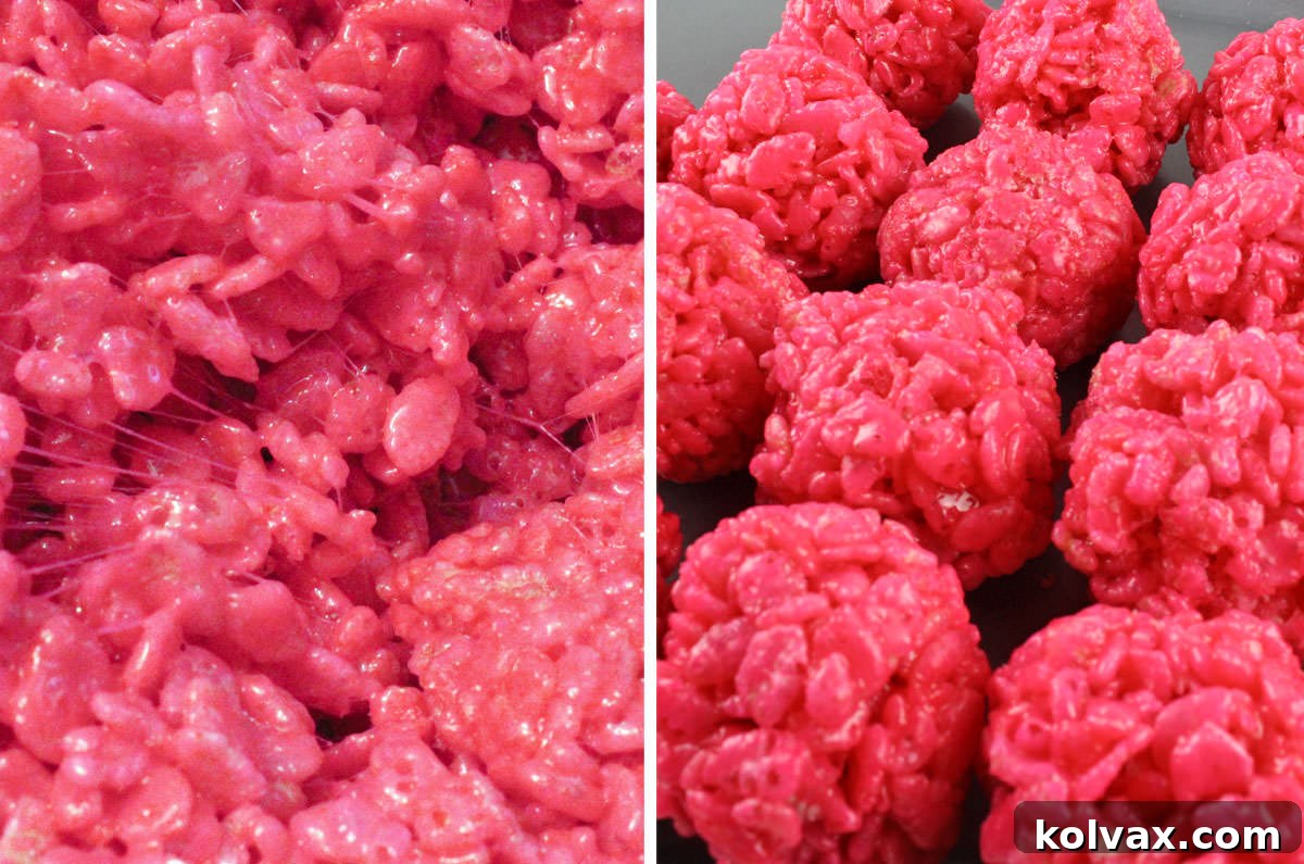 Collage image showing how to make Bright Pink Rice Krispie Treat Bites.