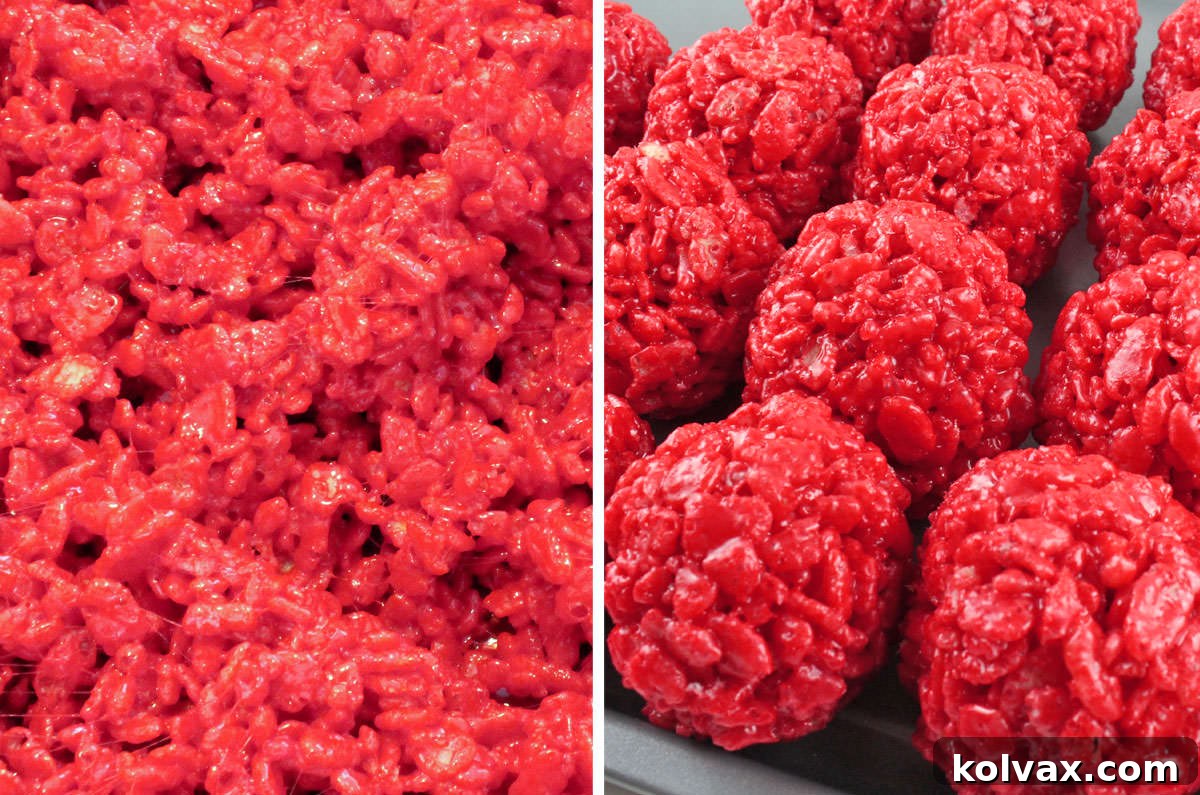 Collage image showing how to make Red Rice Krispie Treat Bites.