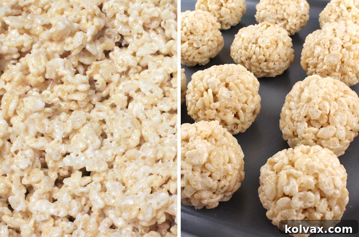 Collage image showing how to make White Rice Krispie Treat Bites.