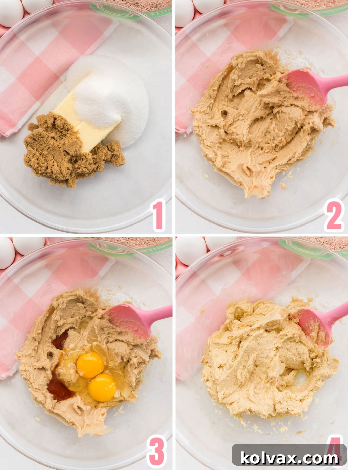 Collage image showing the steps for making the cookie dough for the Chocolate Cookies.