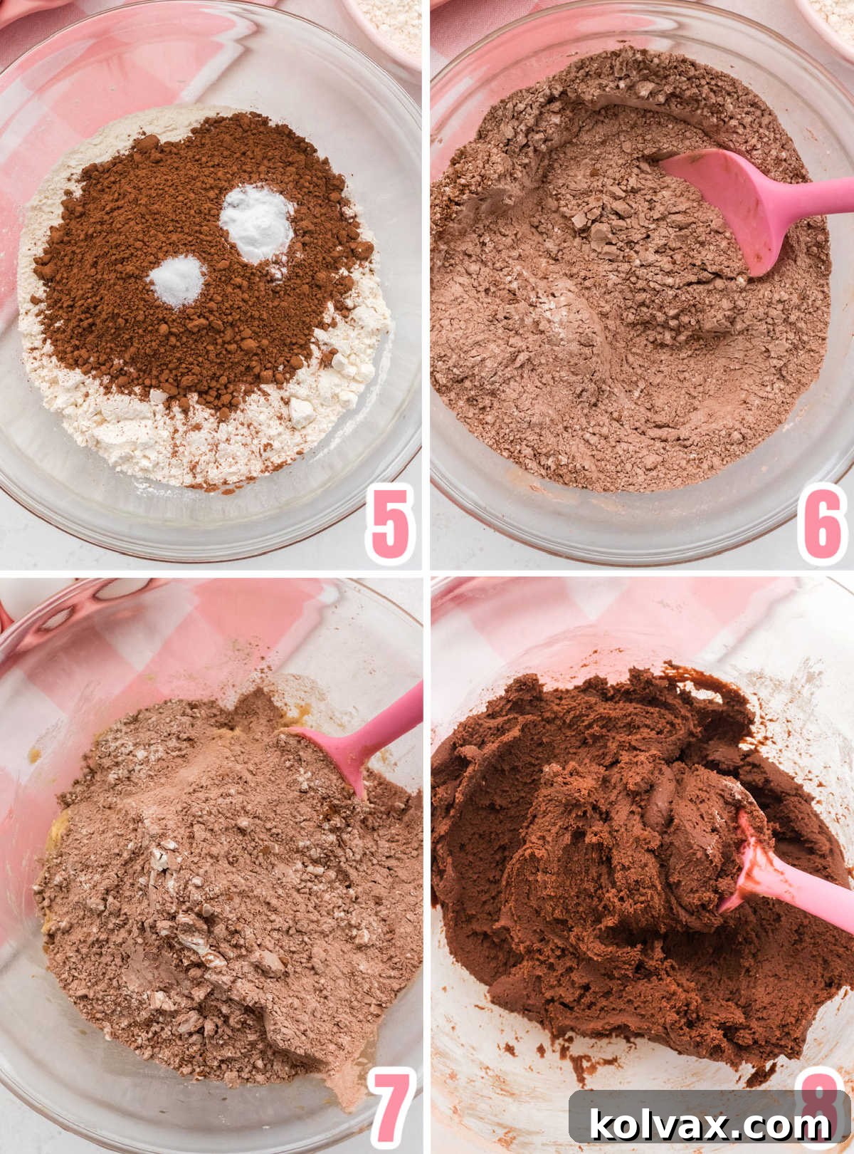 Collage image showing the steps for mixing the dry ingredients into the Cookie dough.
