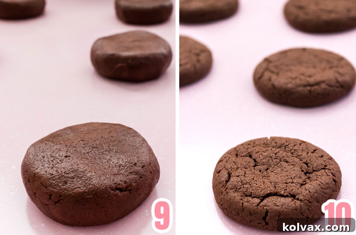 Collage image showing chocolate cookies just before going into the oven and just out of the oven.