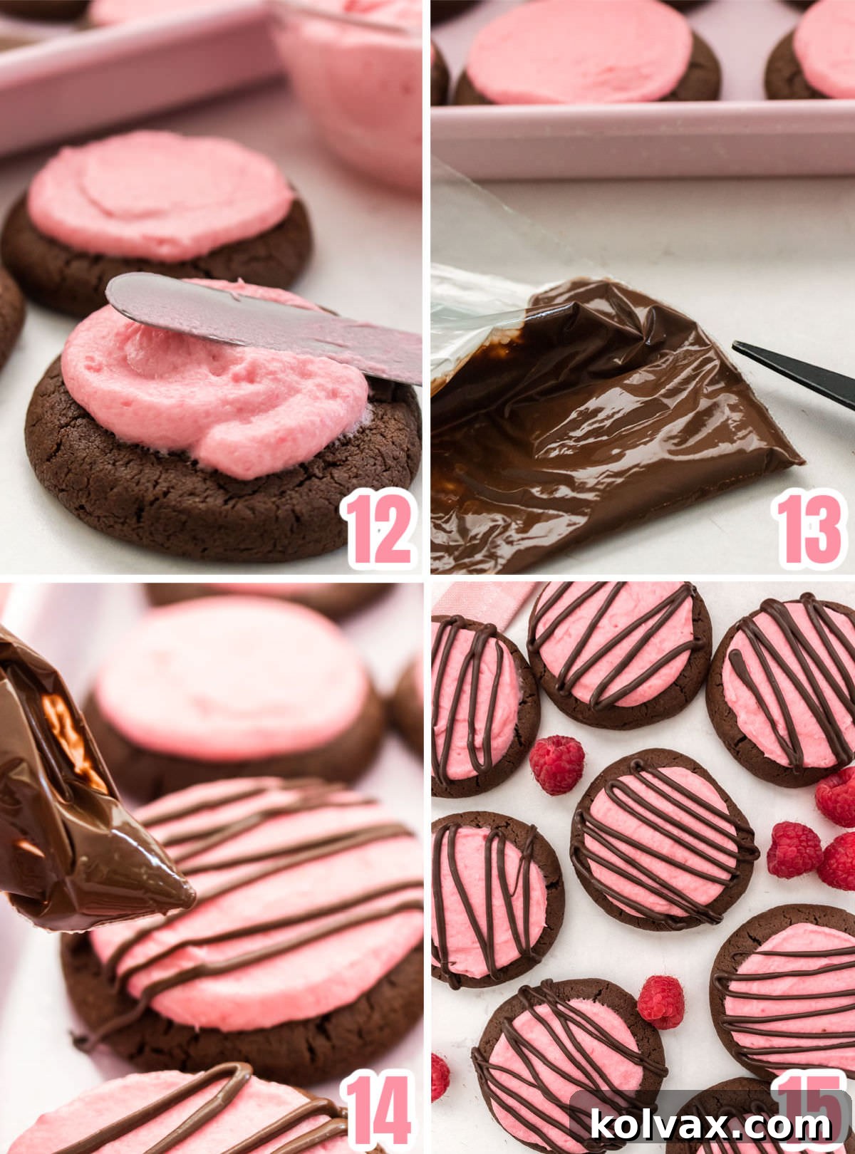 Collage image showing the steps required to frost the chocolate cookies with homemade Raspberry Frosting.