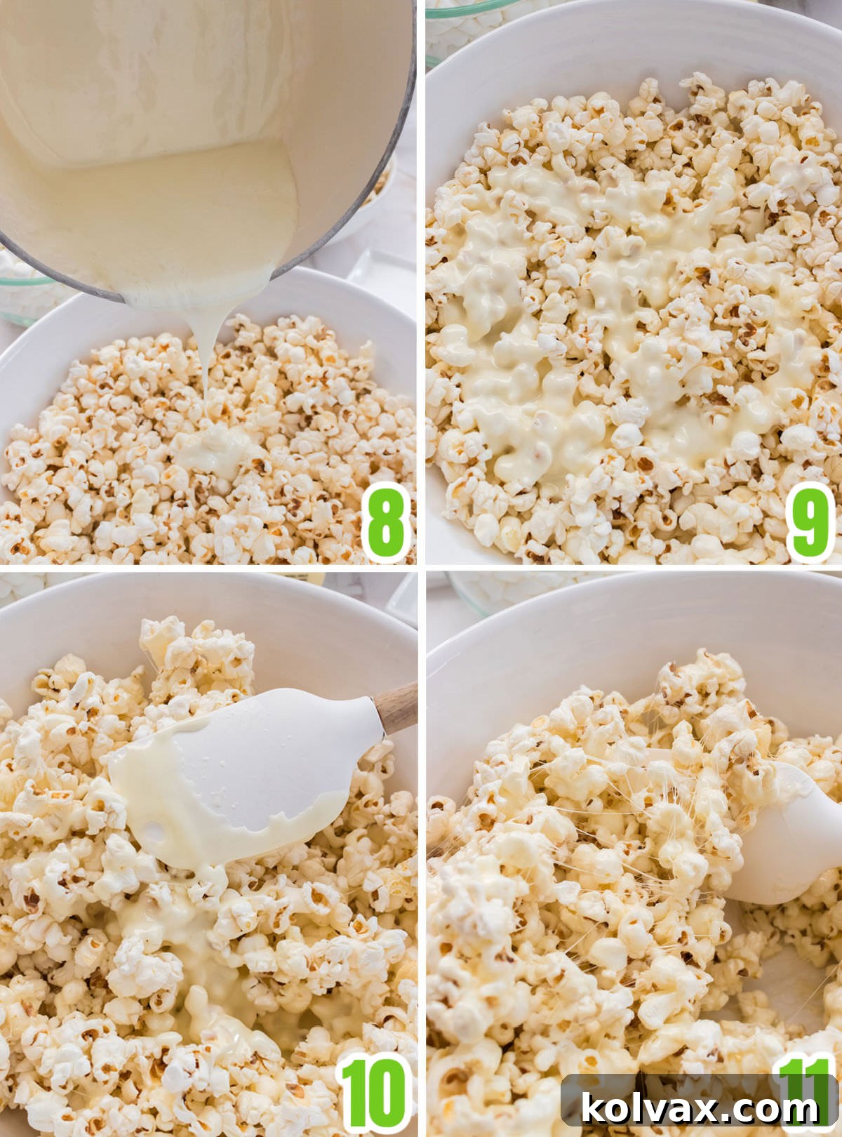 A collage image detailing the process of coating popcorn with marshmallow mixture, showing the liquid marshmallow being poured over popcorn in a large bowl and a spatula gently folding the mixture into the popcorn.