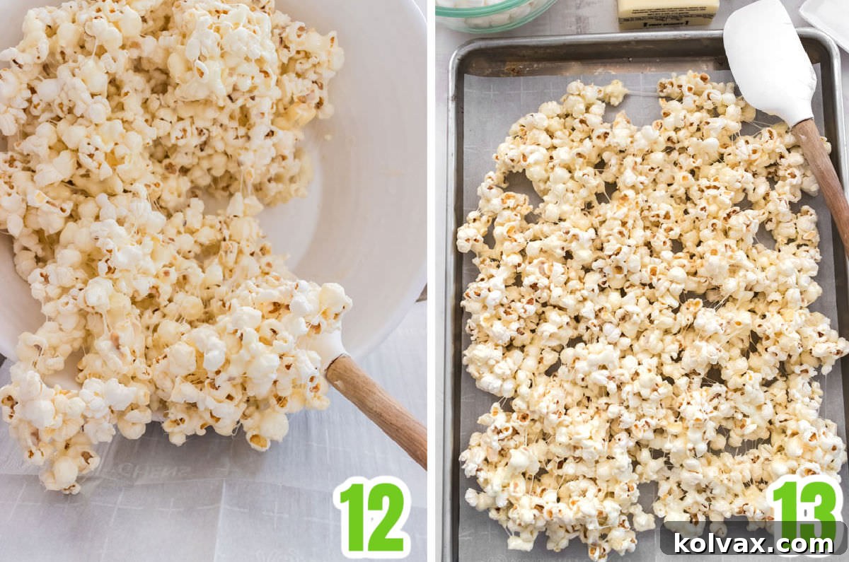 A collage image showing marshmallow-coated popcorn being spread evenly on a cookie sheet lined with parchment paper, preparing it for cooling and decoration.