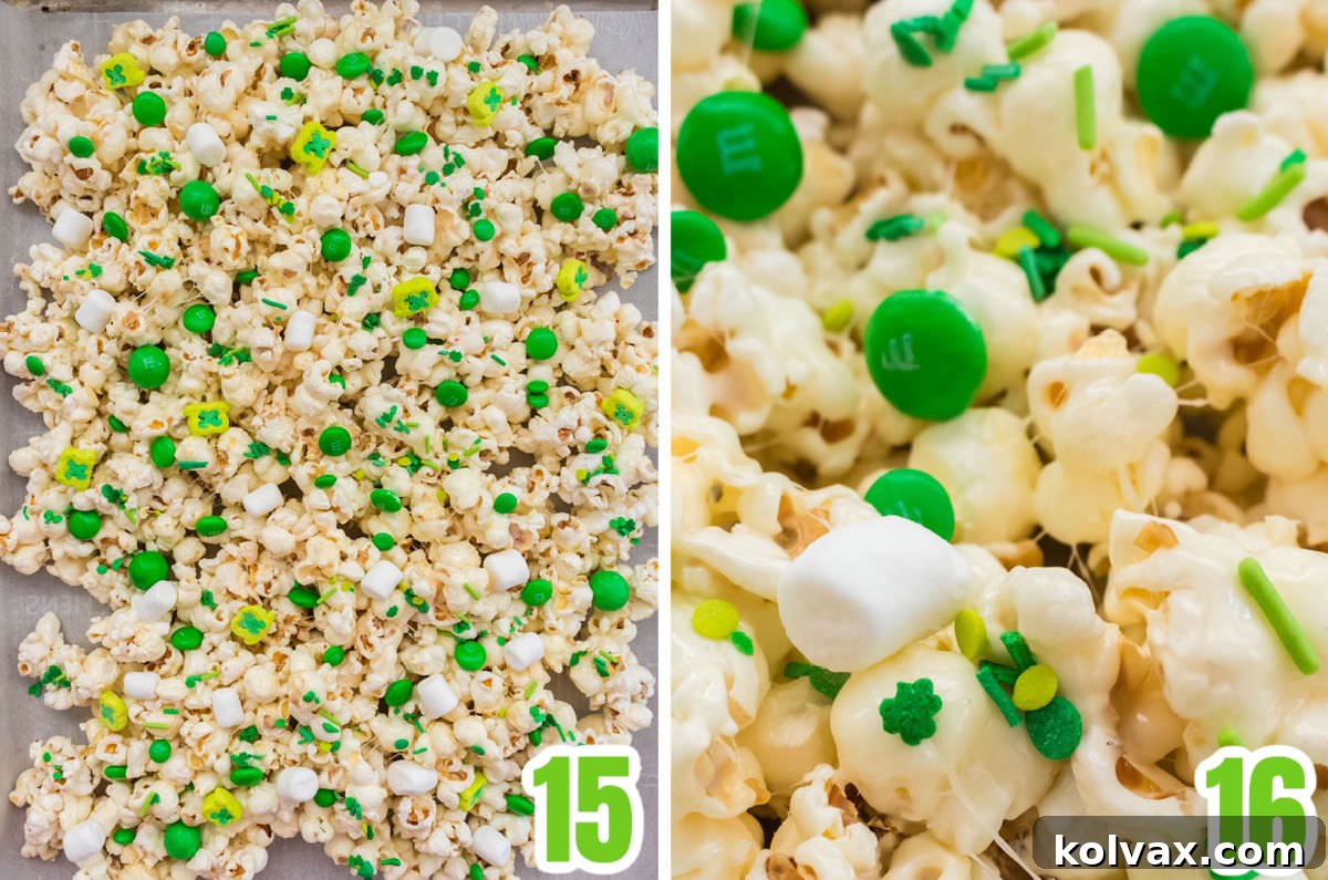 A collage image illustrating the final steps of assembling St. Patrick's Day Popcorn, showing green M&M's, shamrock marshmallows, and sprinkles being liberally added to the warm, marshmallow-coated popcorn on a cookie sheet.