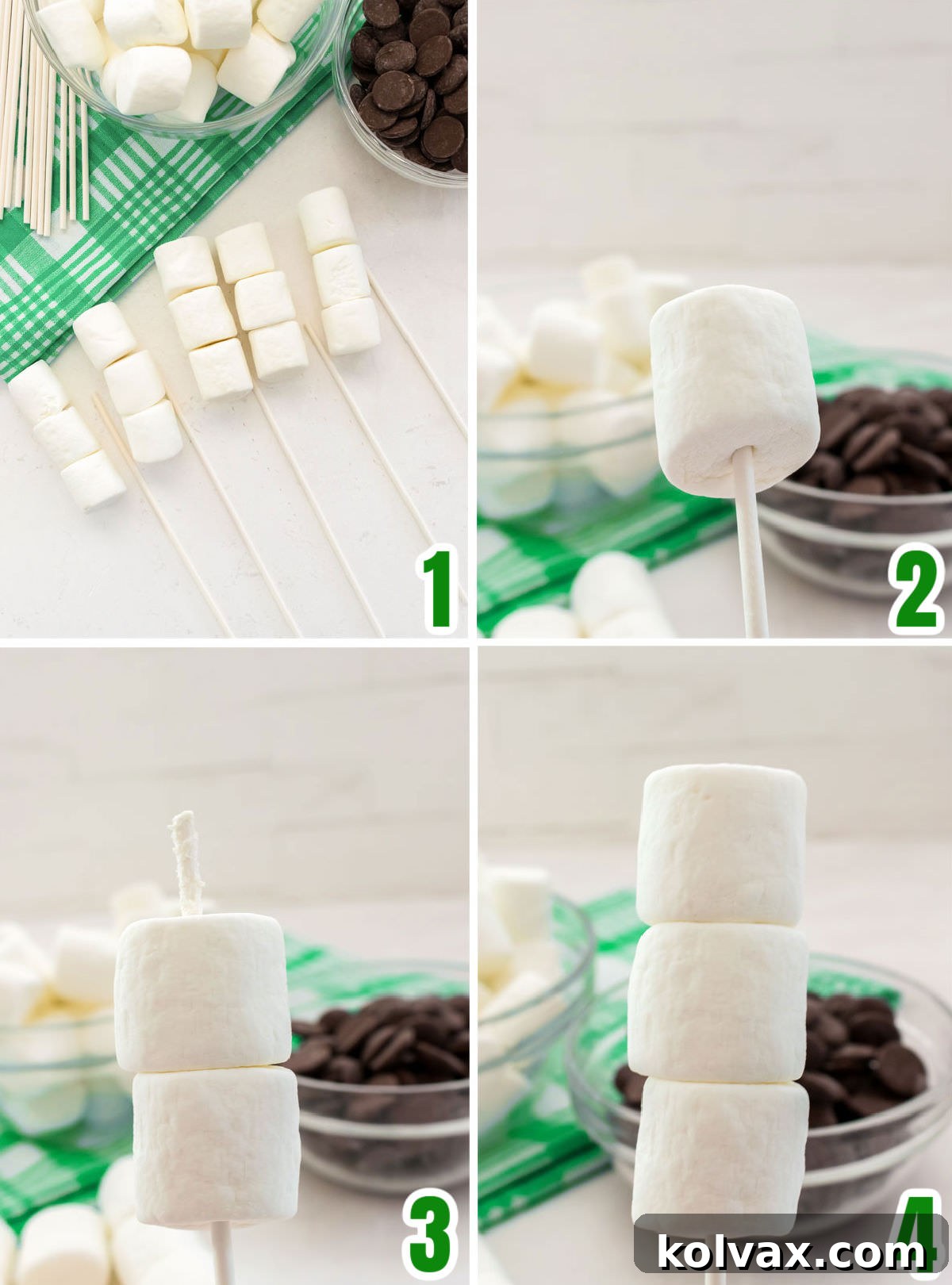 Collage image showing how to create the marshmallow pop using marshmallows and a lollipop stick.