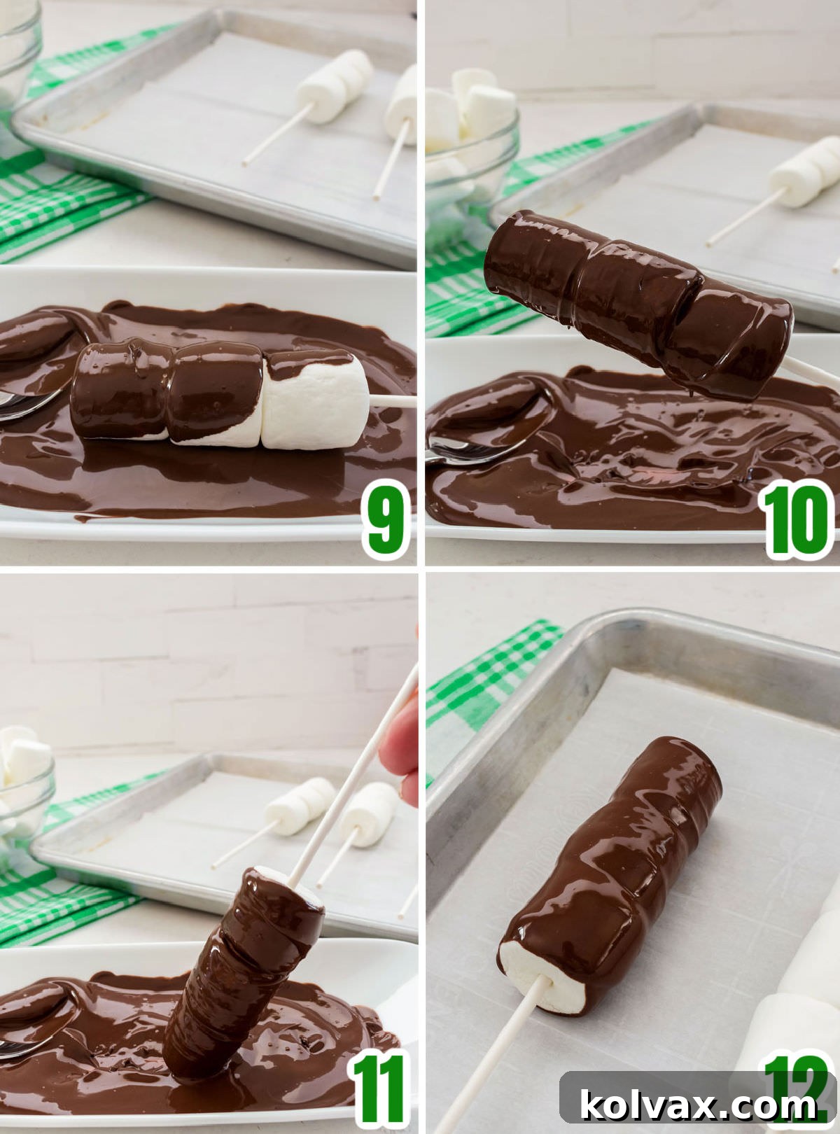 Collage image showing the steps required to dip the marshmallow pops in chocolate.