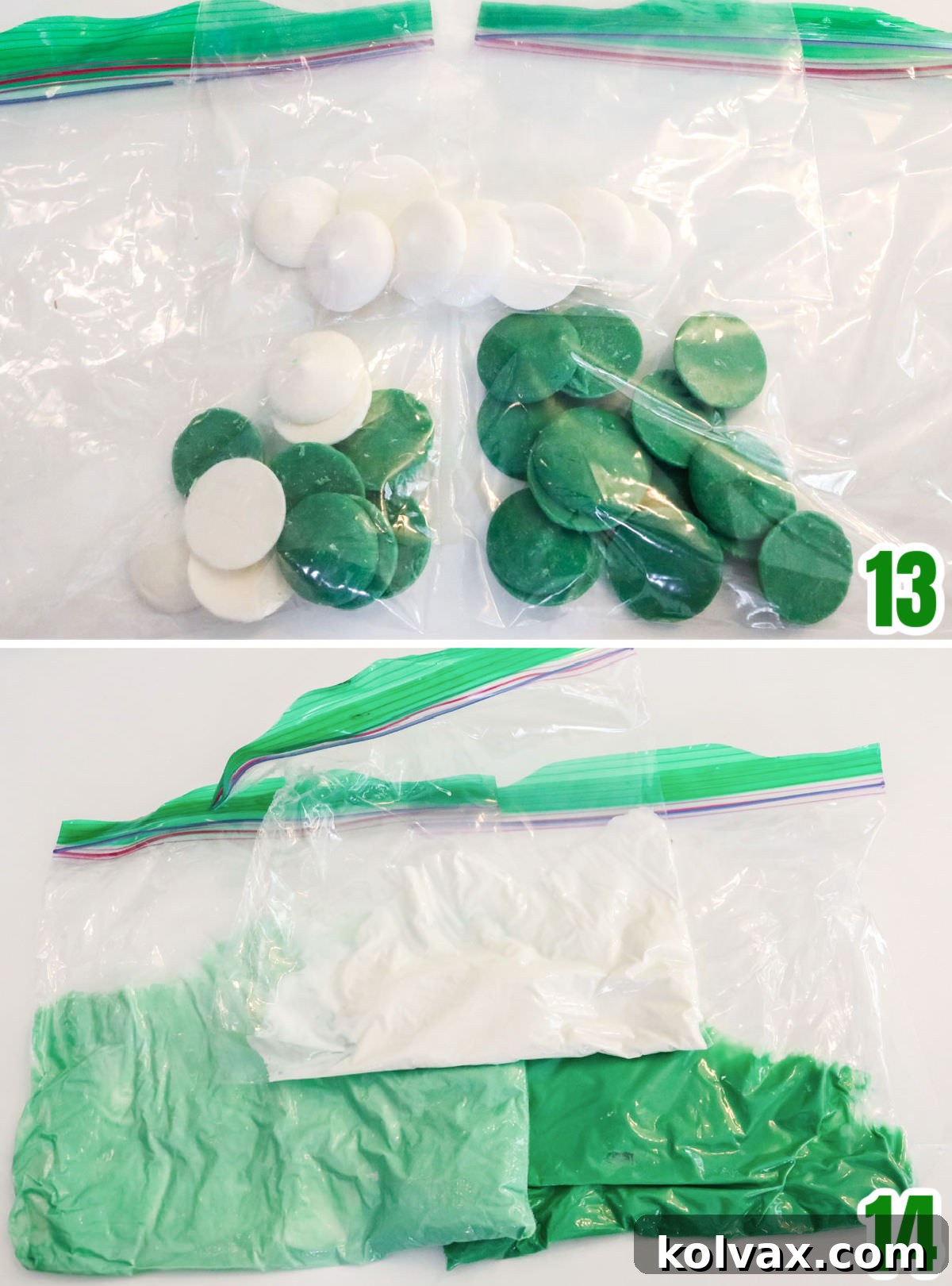 Collage image showing candy melts in plastic baggies and the melted candy melts after coming out of the microwave.