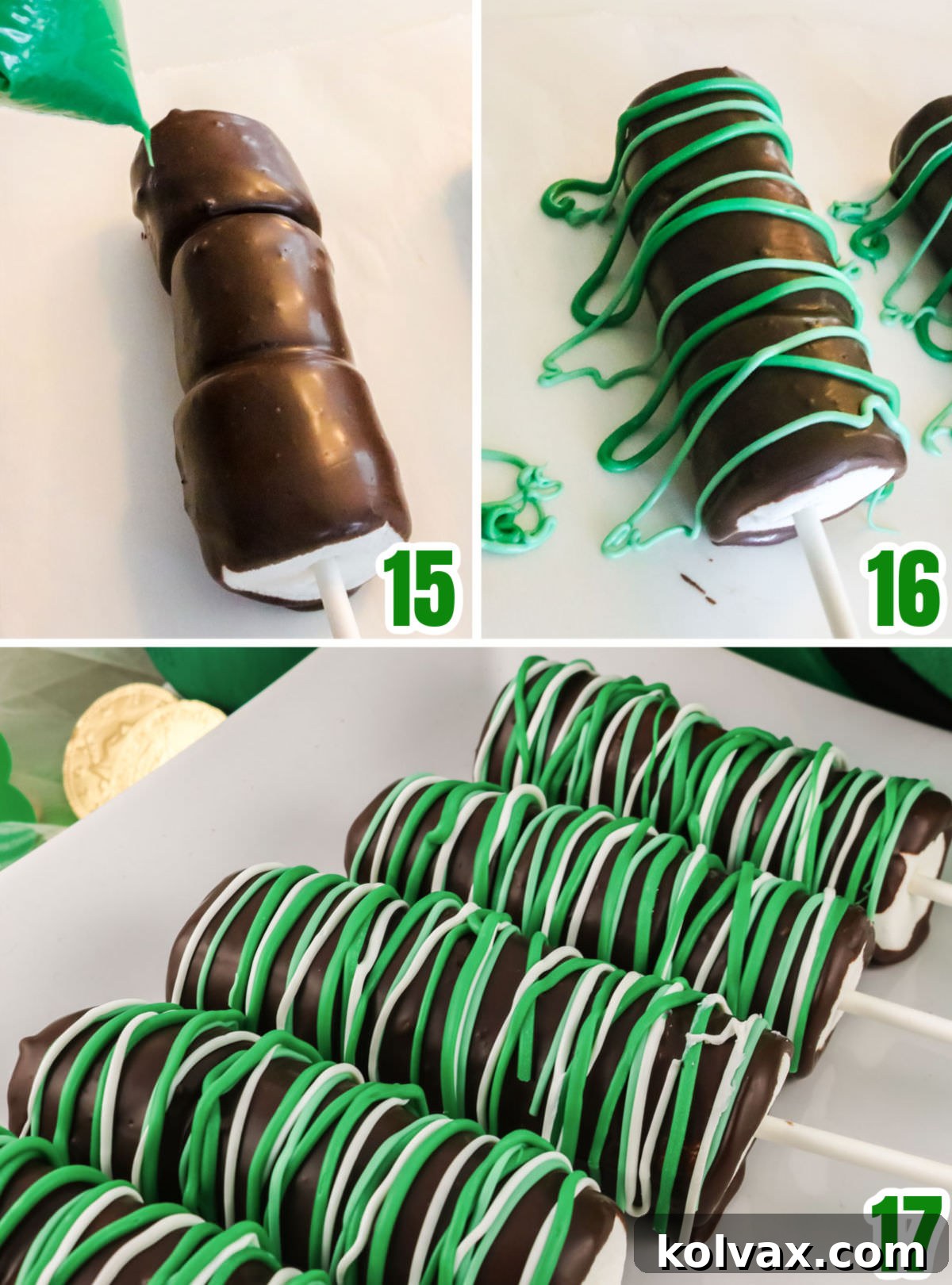 Collage image showing how to decorate the marshmallow pops with green and white candy melts.