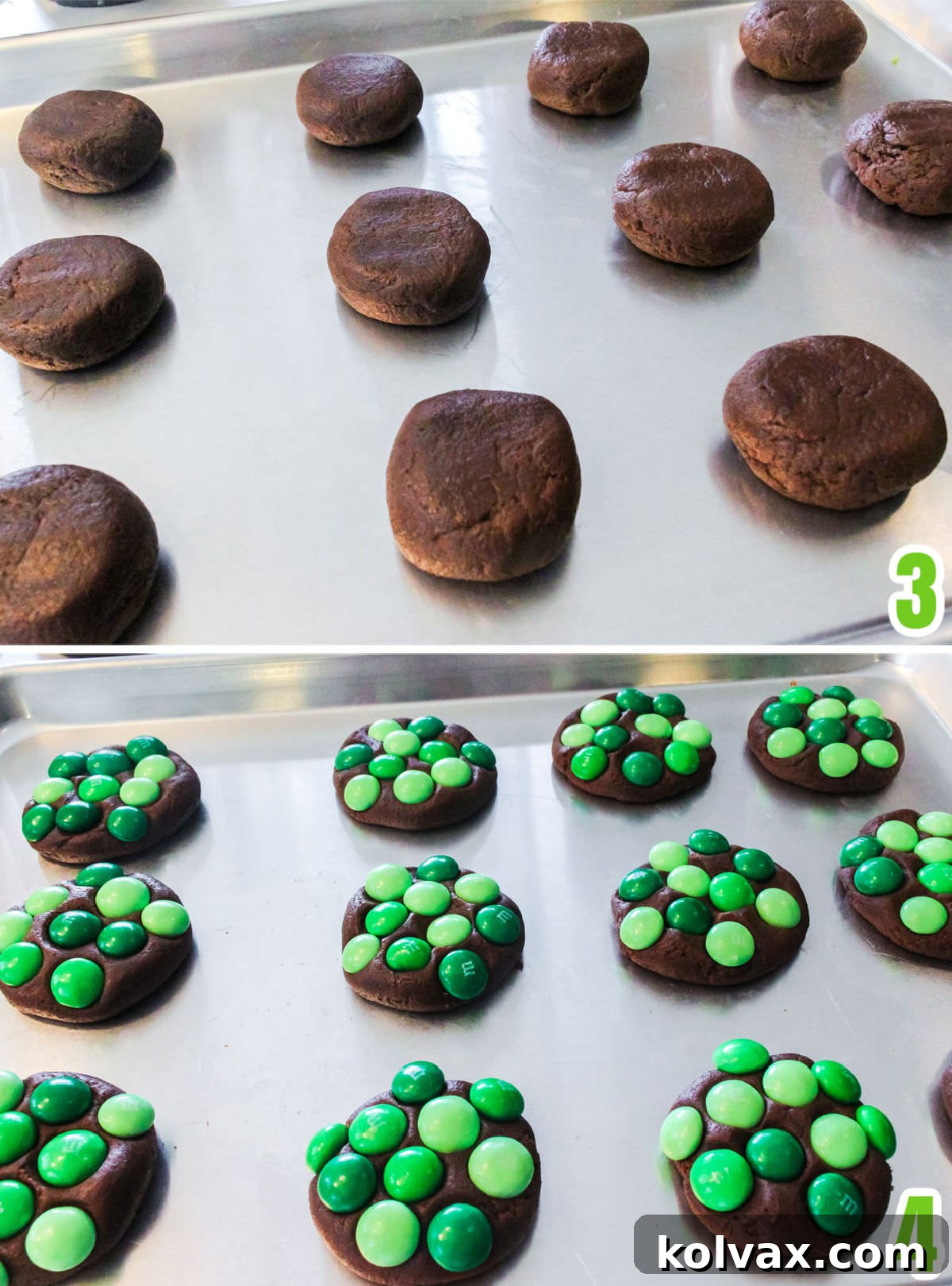 Collage image showing the steps for adding the M&M's onto the cookies before baking.