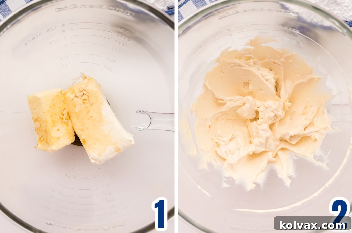 Collage image showing the steps for creaming the Cream Cheese, Butter and Vanilla extract to make a batch of The Best Cream Cheese Frosting.