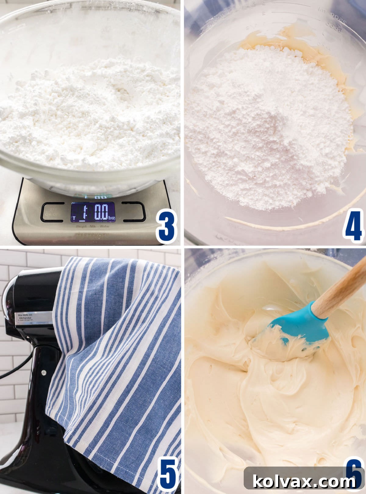Collage image that shows the steps for mixing the powdered sugar with the Cream Cheese and Butter mixture to make Cream Cheese Buttercream Frosting.