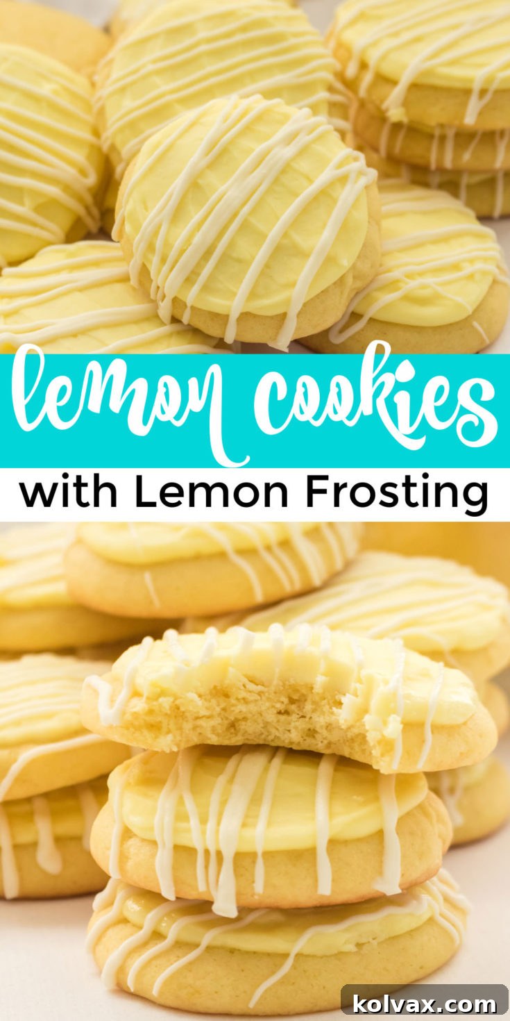 A high-angle shot of a beautifully frosted Lemon Cookie with Lemon Frosting, featuring a white chocolate drizzle, positioned against a clean white background. This cookie is a perfect example of a bright and refreshing dessert.