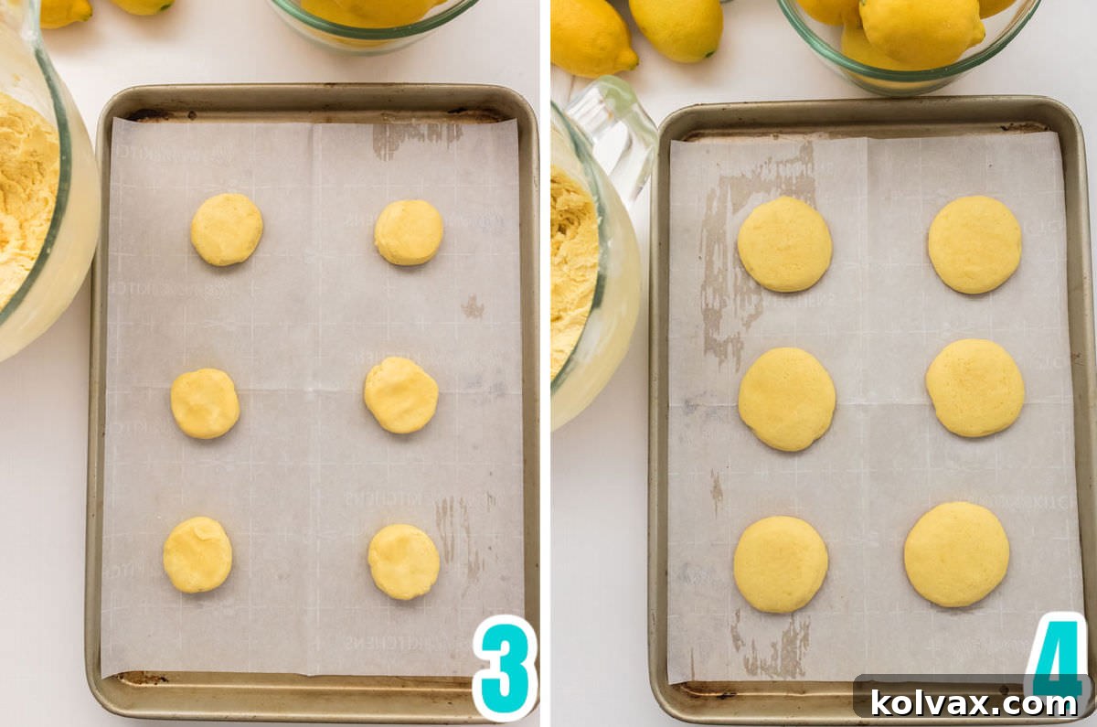 A two-panel collage displaying Lemon Cookies at different stages of baking. The left panel shows raw cookie dough balls, slightly flattened, on a parchment-lined baking sheet before baking. The right panel shows the same cookies, golden brown and perfectly puffed, just out of the oven, highlighting their beautiful transformation.