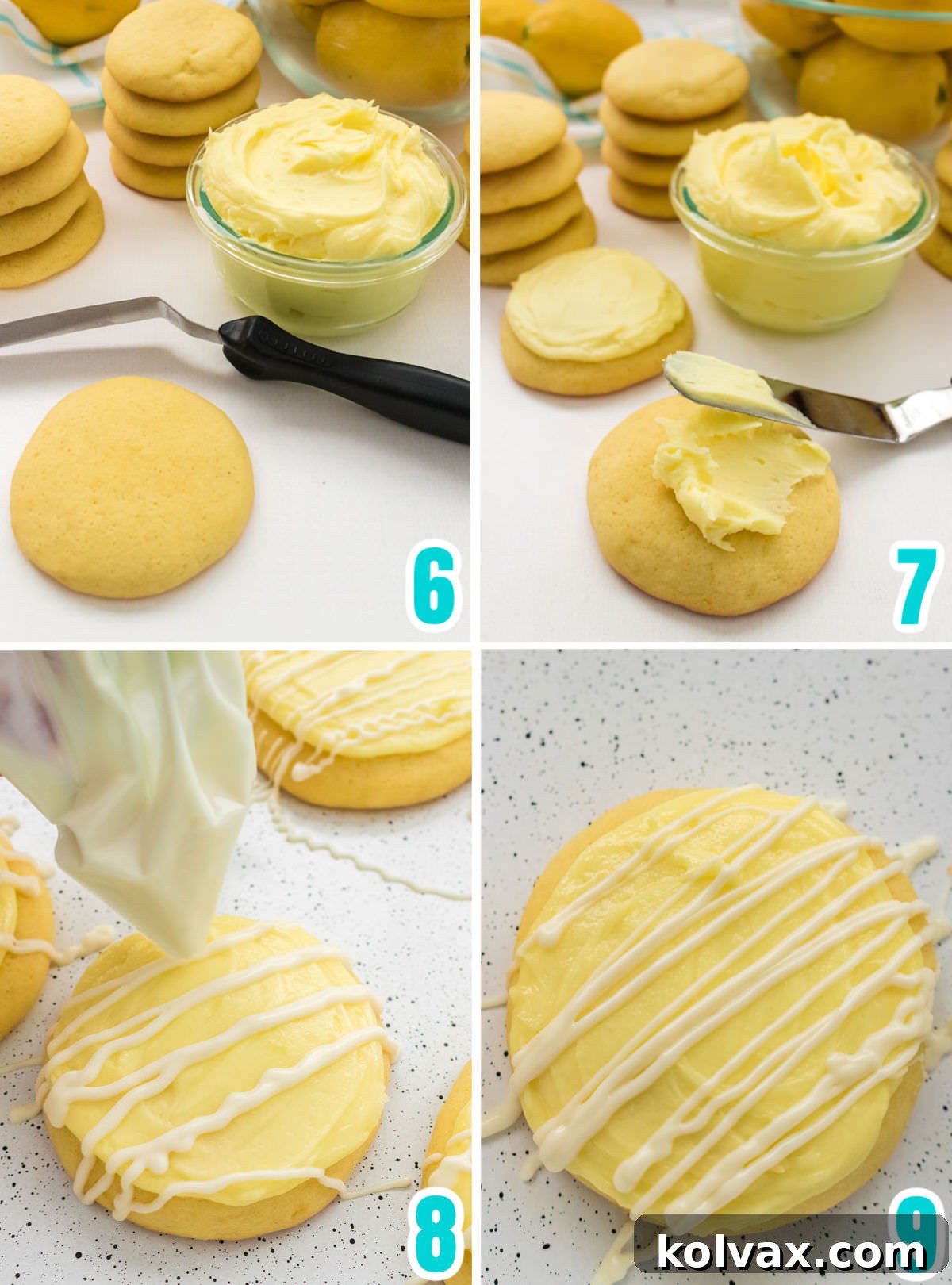 A dynamic collage showing the process of decorating Lemon Cookies: one panel shows a cookie being generously frosted with creamy lemon buttercream, while another shows white chocolate being drizzled artfully over the frosted cookies, adding a final elegant touch.