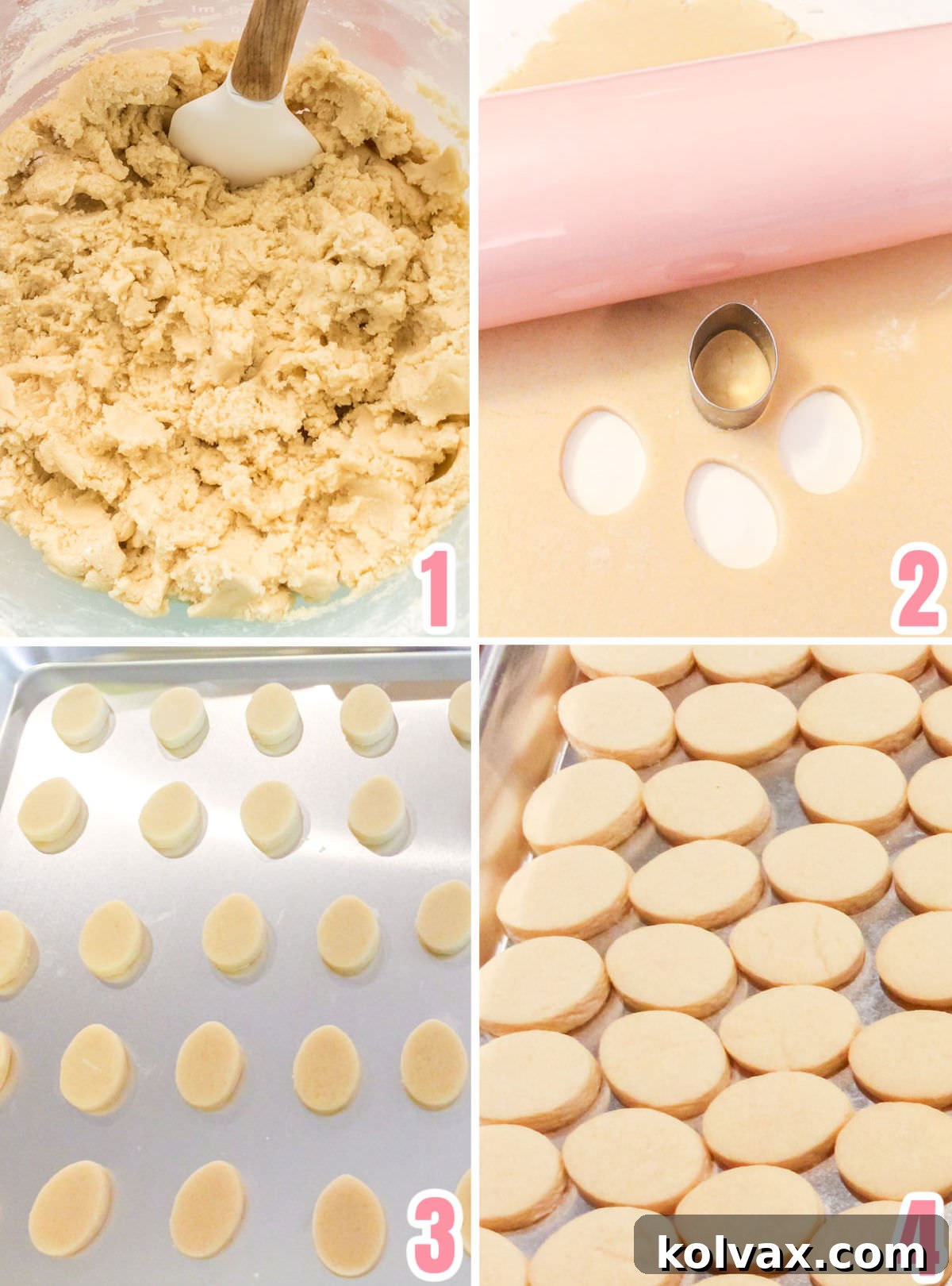 Collage image illustrating the process of preparing sugar cookie dough, including mixing ingredients and chilling, for Easter Egg Cookies.