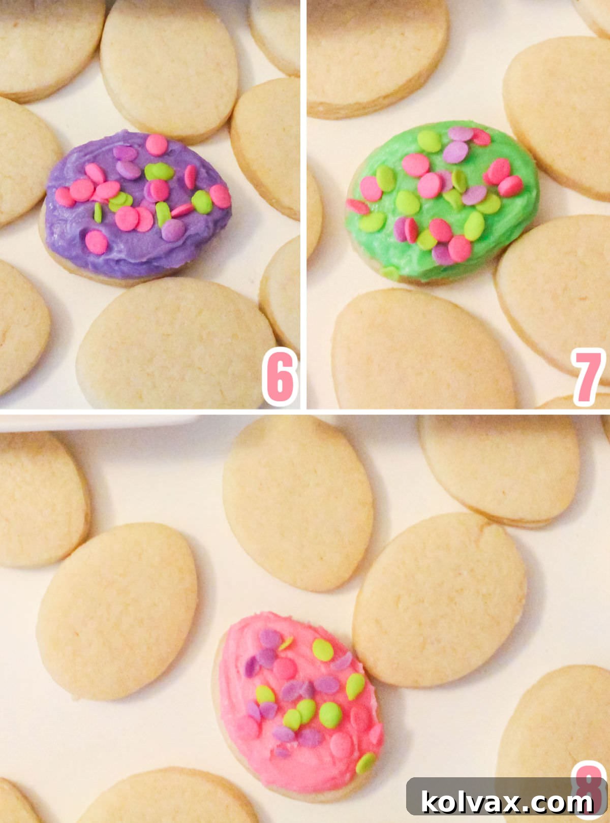 Collage image showing the simple steps of frosting and decorating Easter Egg Cookies with colorful buttercream and sprinkles.