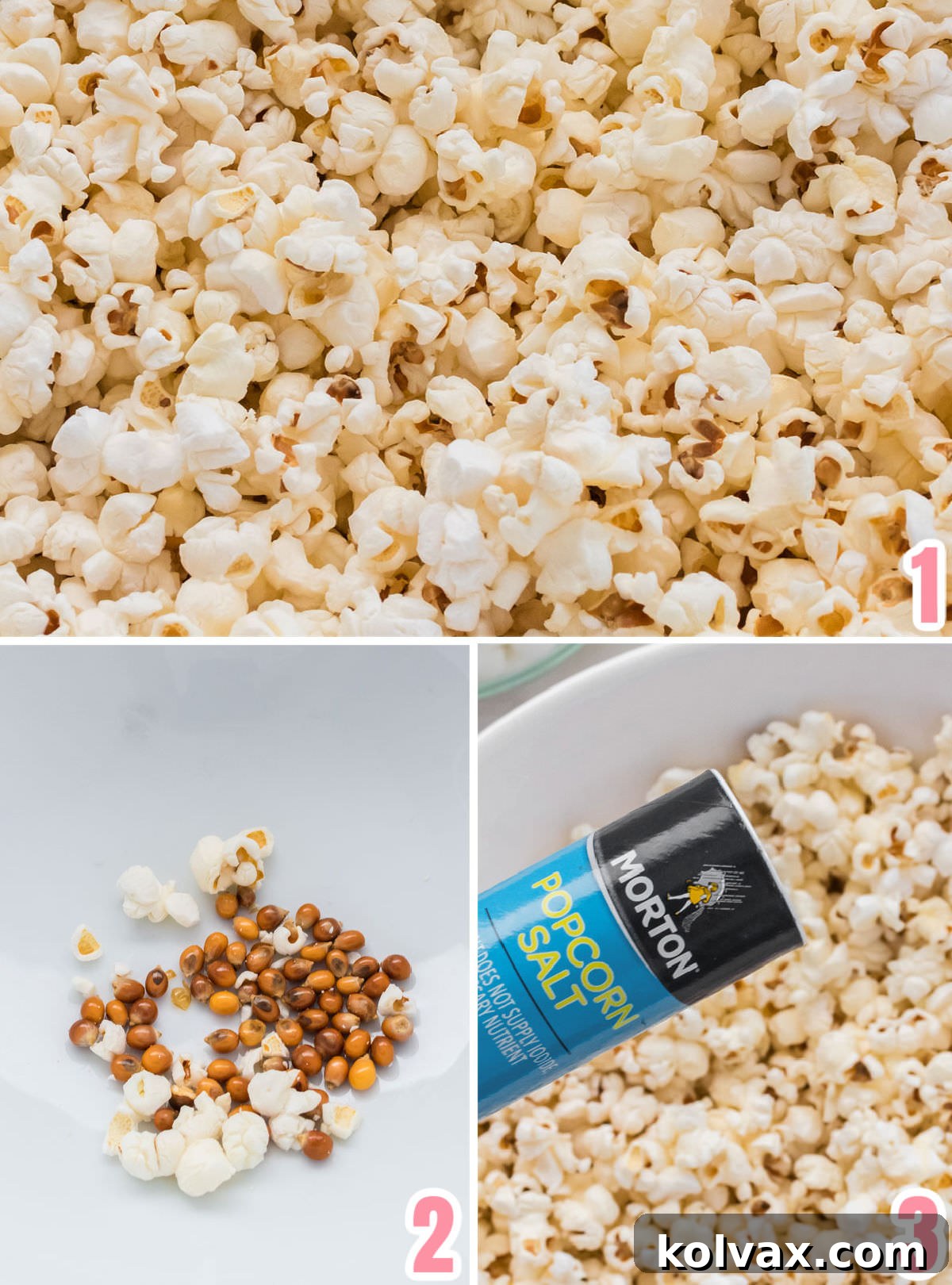 A step-by-step collage showing the process of popping popcorn: kernels in a pot, popped popcorn, and removing unpopped kernels.