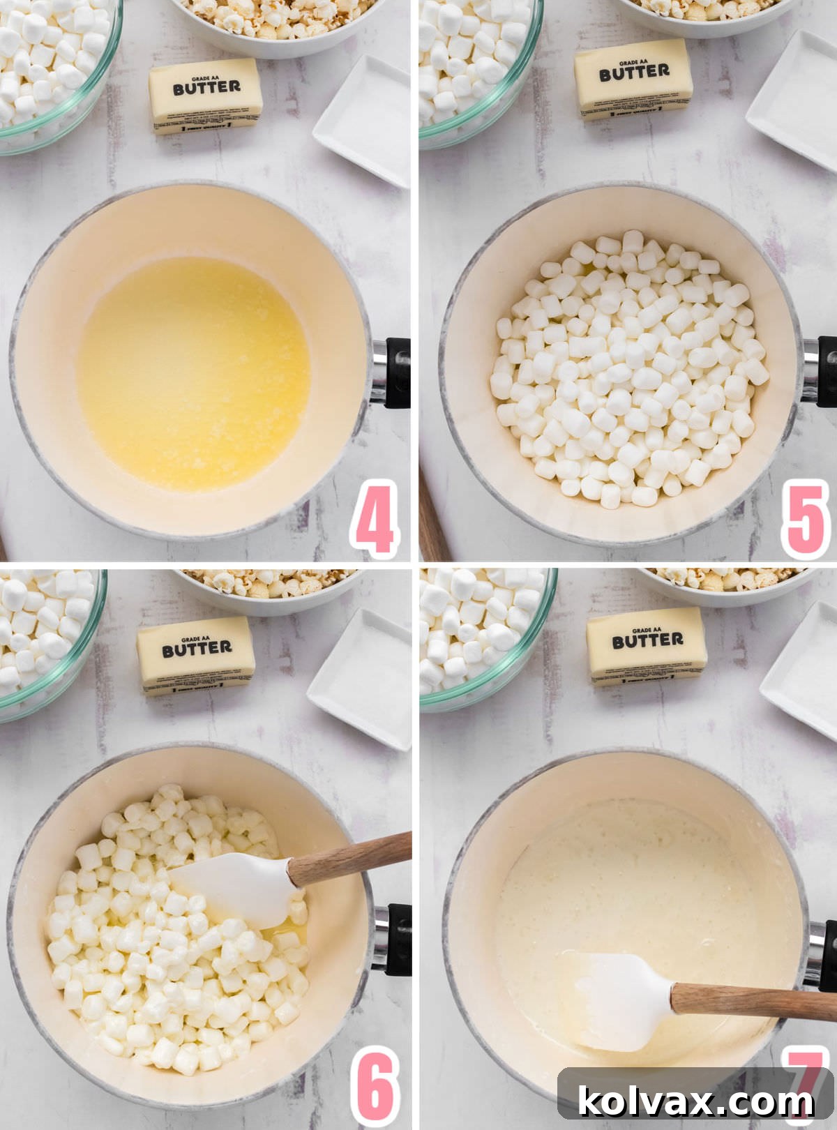 A step-by-step collage illustrating the process of making the marshmallow mixture: melting butter, adding mini marshmallows, and stirring until smooth.