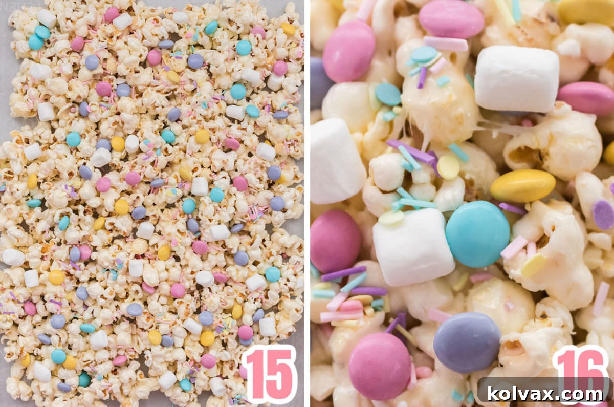 A collage showing the final steps of adding Easter candy mix-ins to the marshmallow popcorn and allowing it to cool.