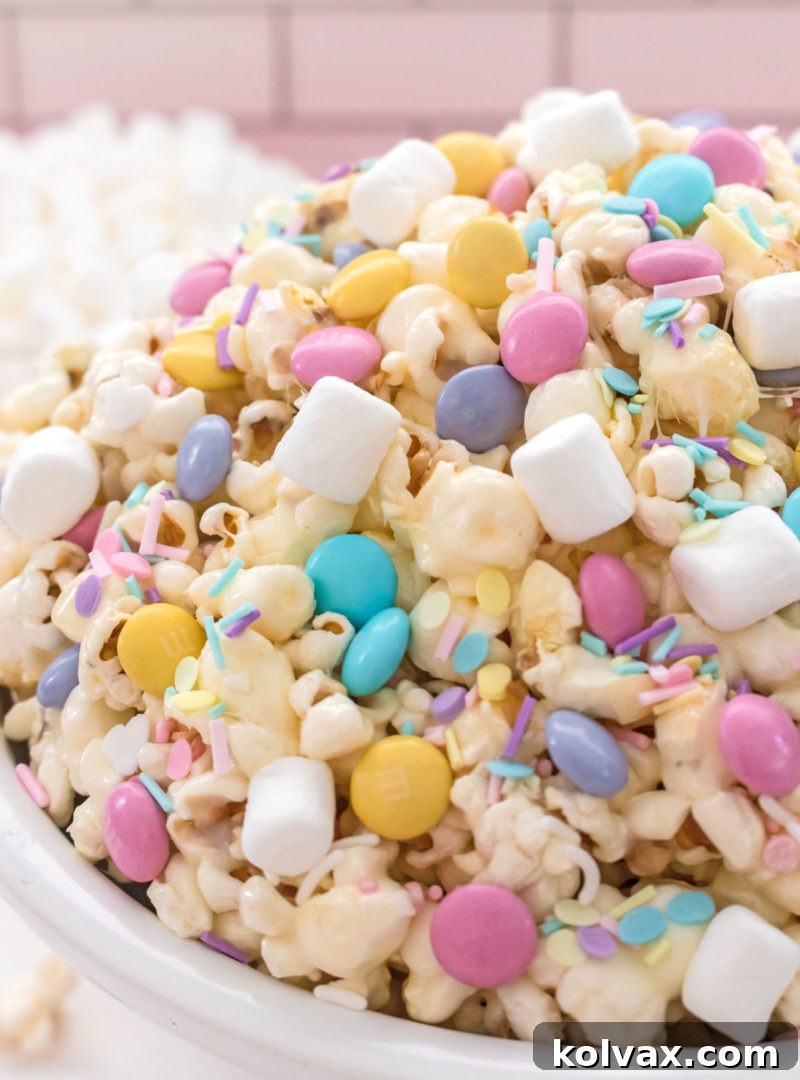 A close-up of a white serving bowl brimming with colorful Springtime Celebration Popcorn, ready to be enjoyed.