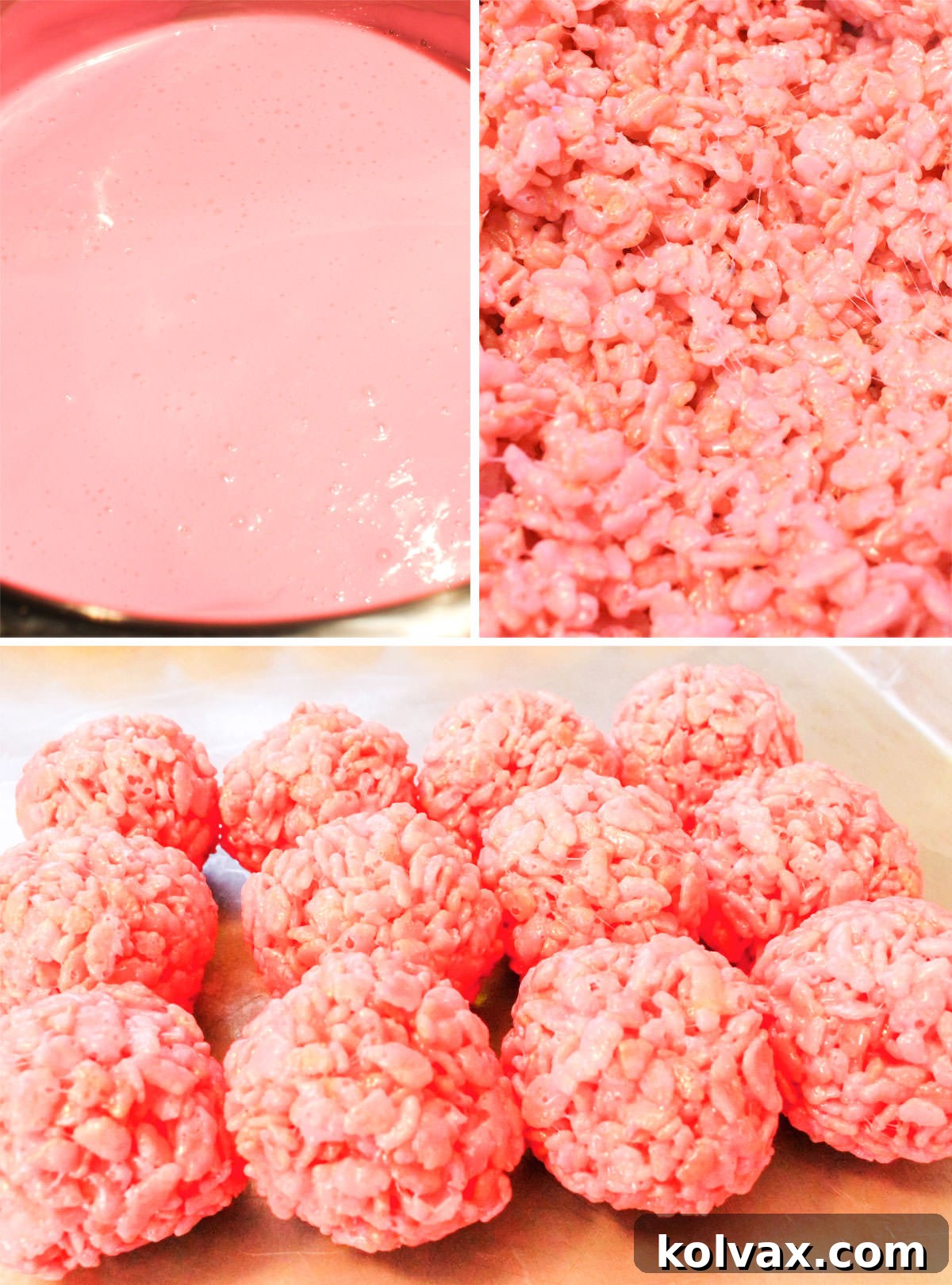 Collage image showing the steps for making Pink Rice Krispie Treat Bites: melting butter, marshmallows, adding pink food coloring, mixing with cereal, and shaping into balls.