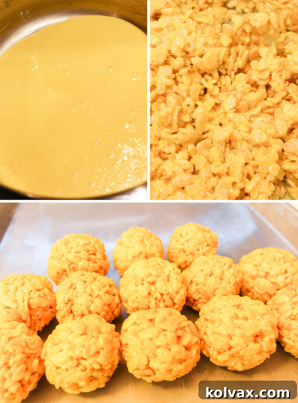 Collage image showing the steps for making Yellow Rice Krispie Treat Bites: melting butter, marshmallows, adding yellow food coloring, mixing with cereal, and shaping into balls.
