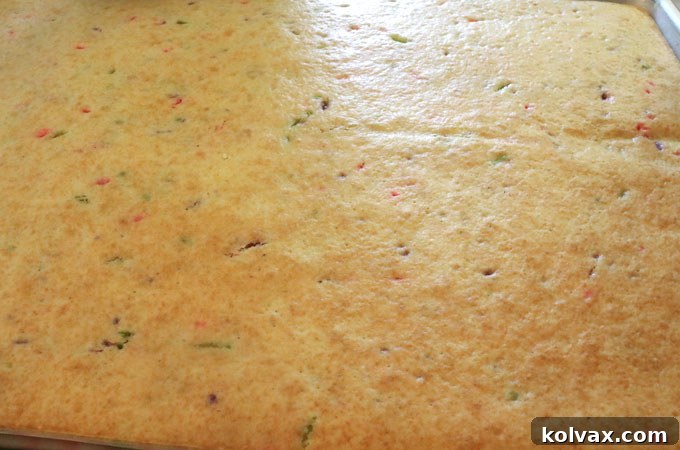 A freshly baked confetti cake sheet, golden brown and ready to cool.
