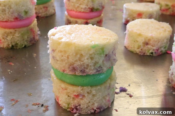Assembling a Springtime Confetti Cake Bite with a layer of colored buttercream frosting between two cake rounds.