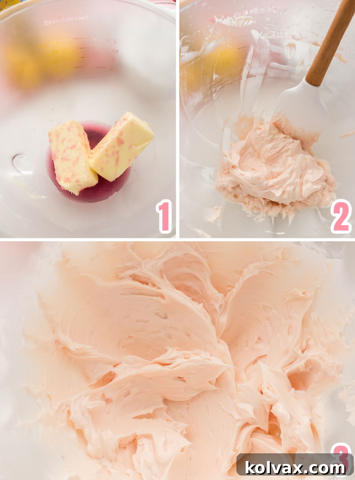 A visual guide showing the initial steps of making Pink Lemonade Frosting: creaming slightly softened butter with thawed pink lemonade concentrate in a stand mixer bowl.