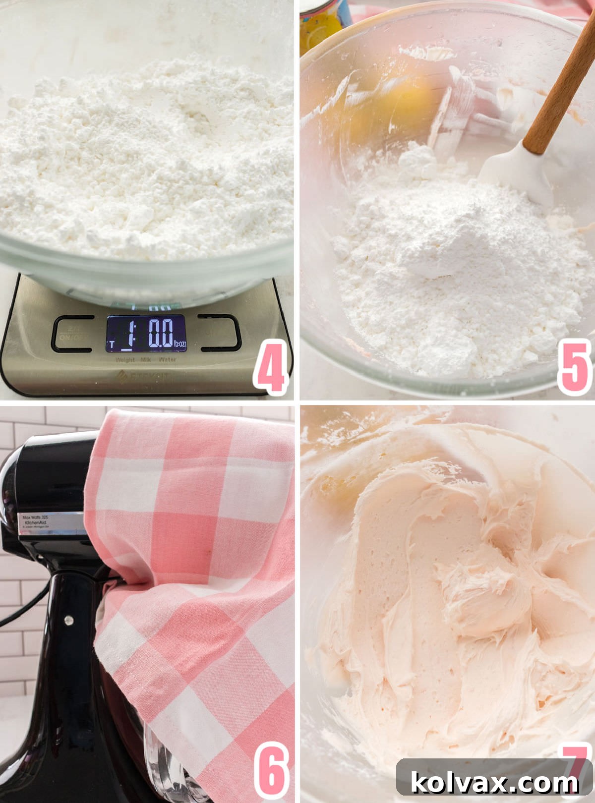Detailed collage demonstrating how to add powdered sugar gradually to the butter and lemonade mixture for making Pink Lemonade Frosting, ensuring a smooth, lump-free consistency.